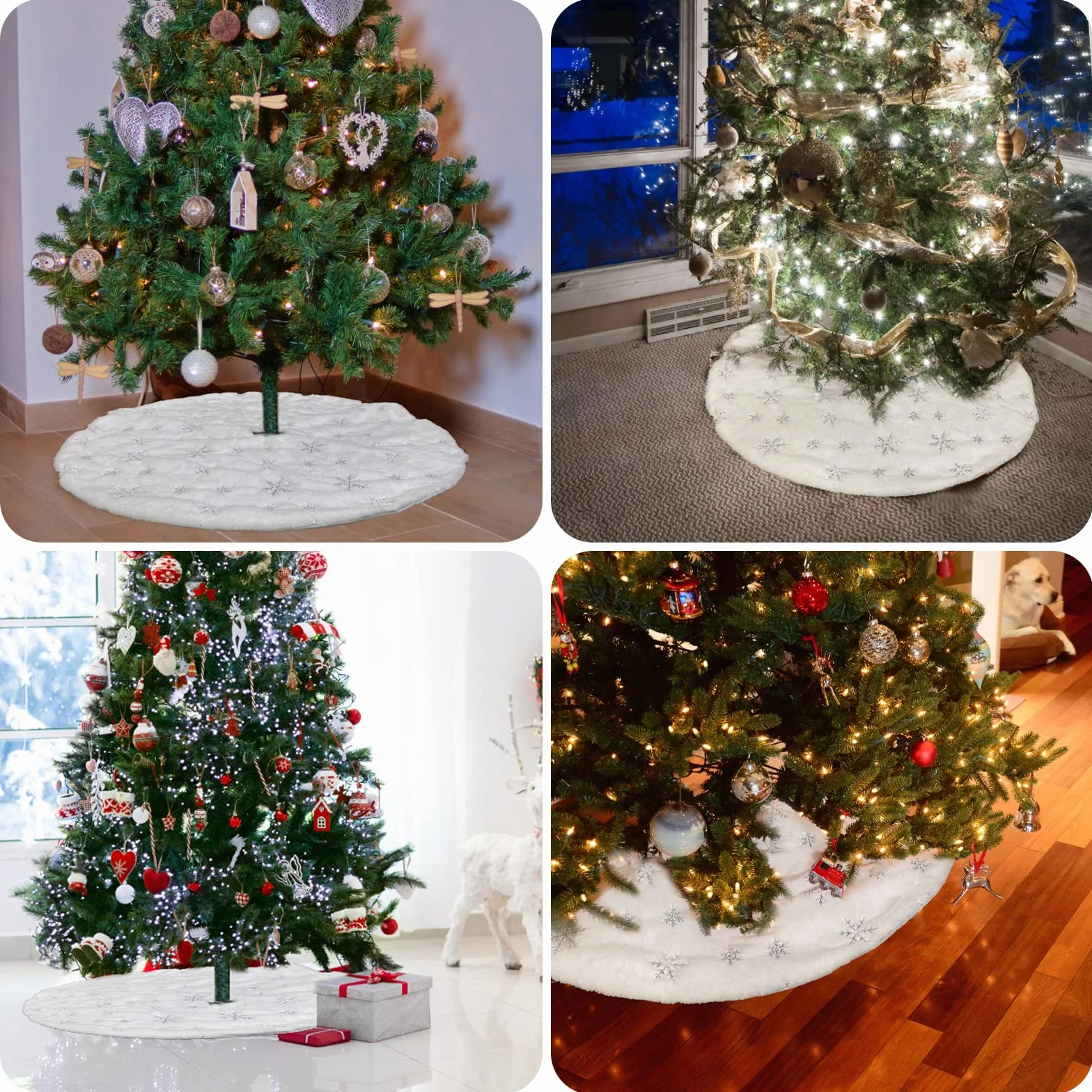 Jsdoin Falda Árbol Navidad 90cm Doble Capa Felpa Blanco Estampado Copo Nieve Plateado Decoración