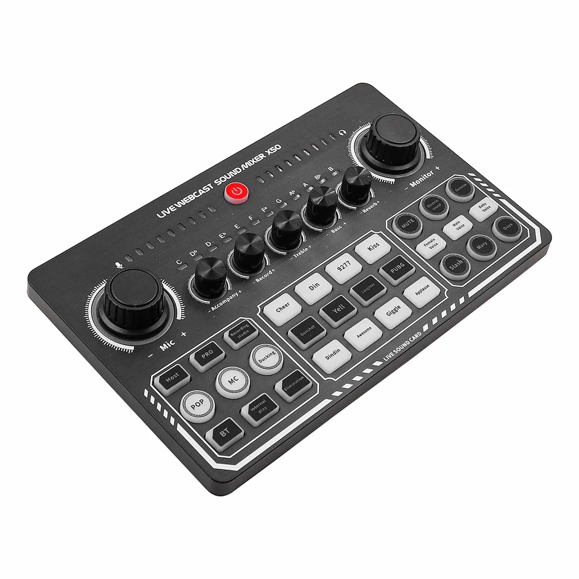 X50 - Tarjeta de sonido en vivo con 12 efectos de calentamiento, silencio con un solo toque, mezclador de DJ para transmisión en vivo y grabación de PC