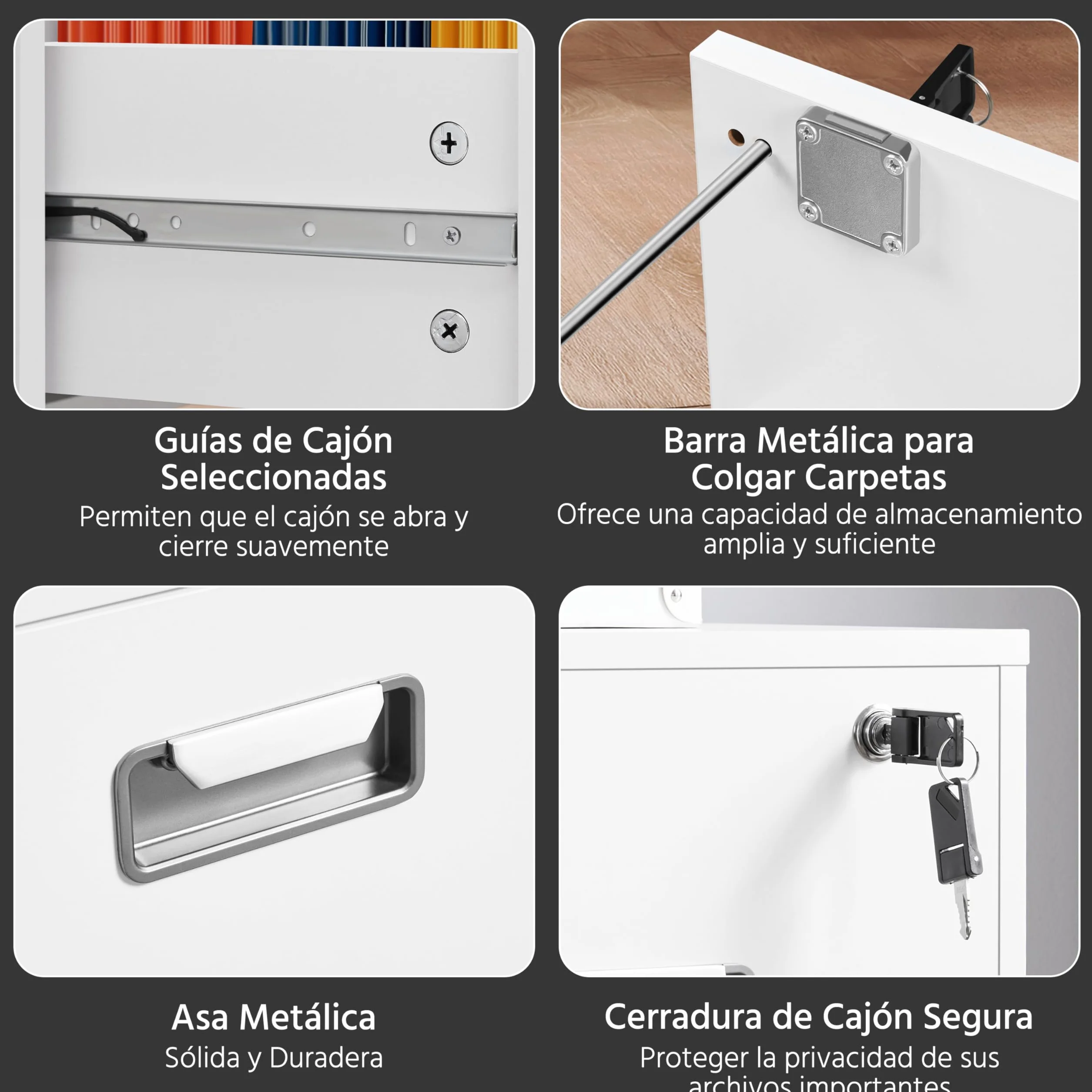 Yaheetech Cajonera Oficina Móvil 2 Cajones Cerradura Mueble Archivador Ruedas Frenos Barras Colgantes Ajustables Carpetas A4 Carta 40x40x66,5 cm Blanco