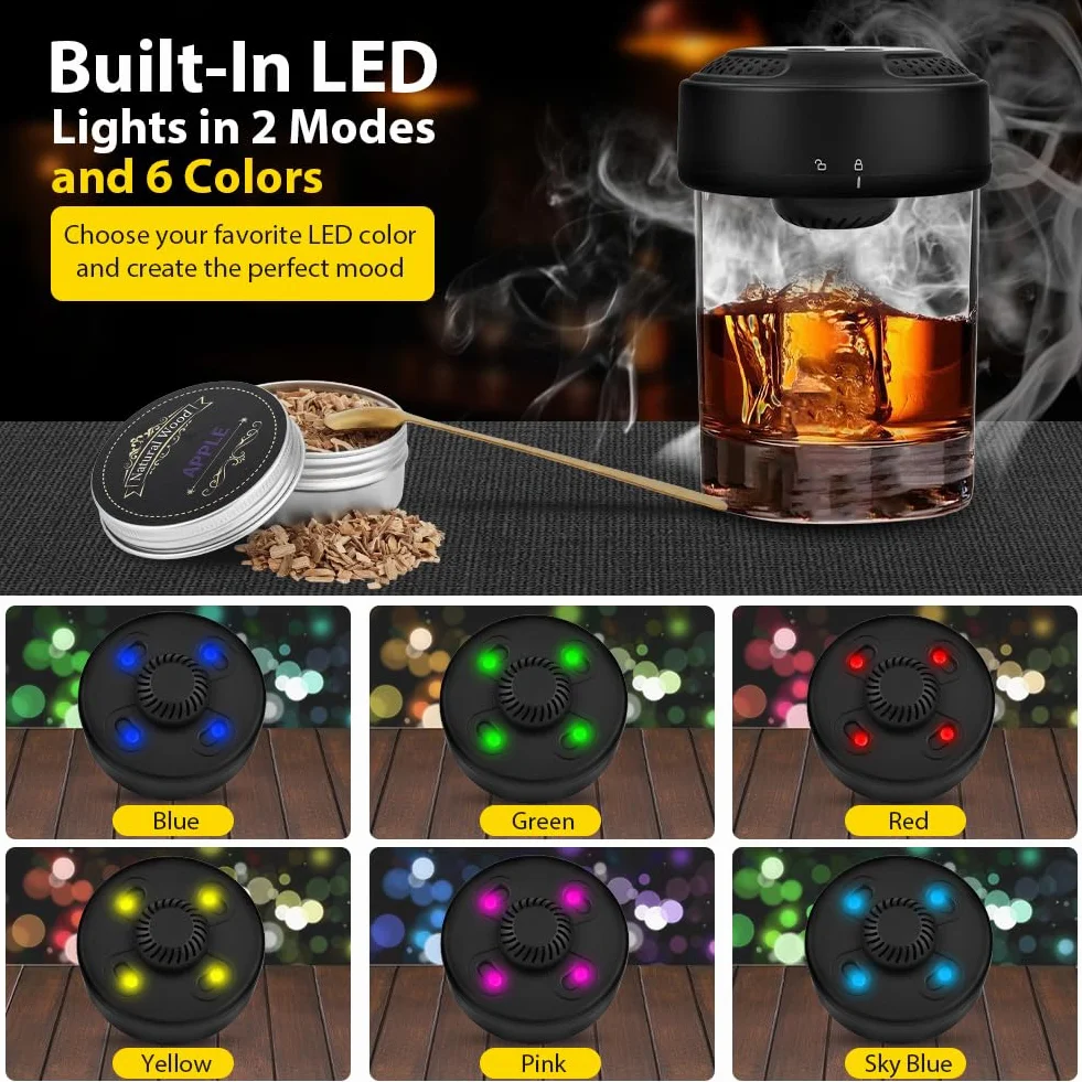 Ahumador de Whisky Eléctrico Portátil, Kit Ahumador para Cócteles Recargable con 6 Virutas de Madera