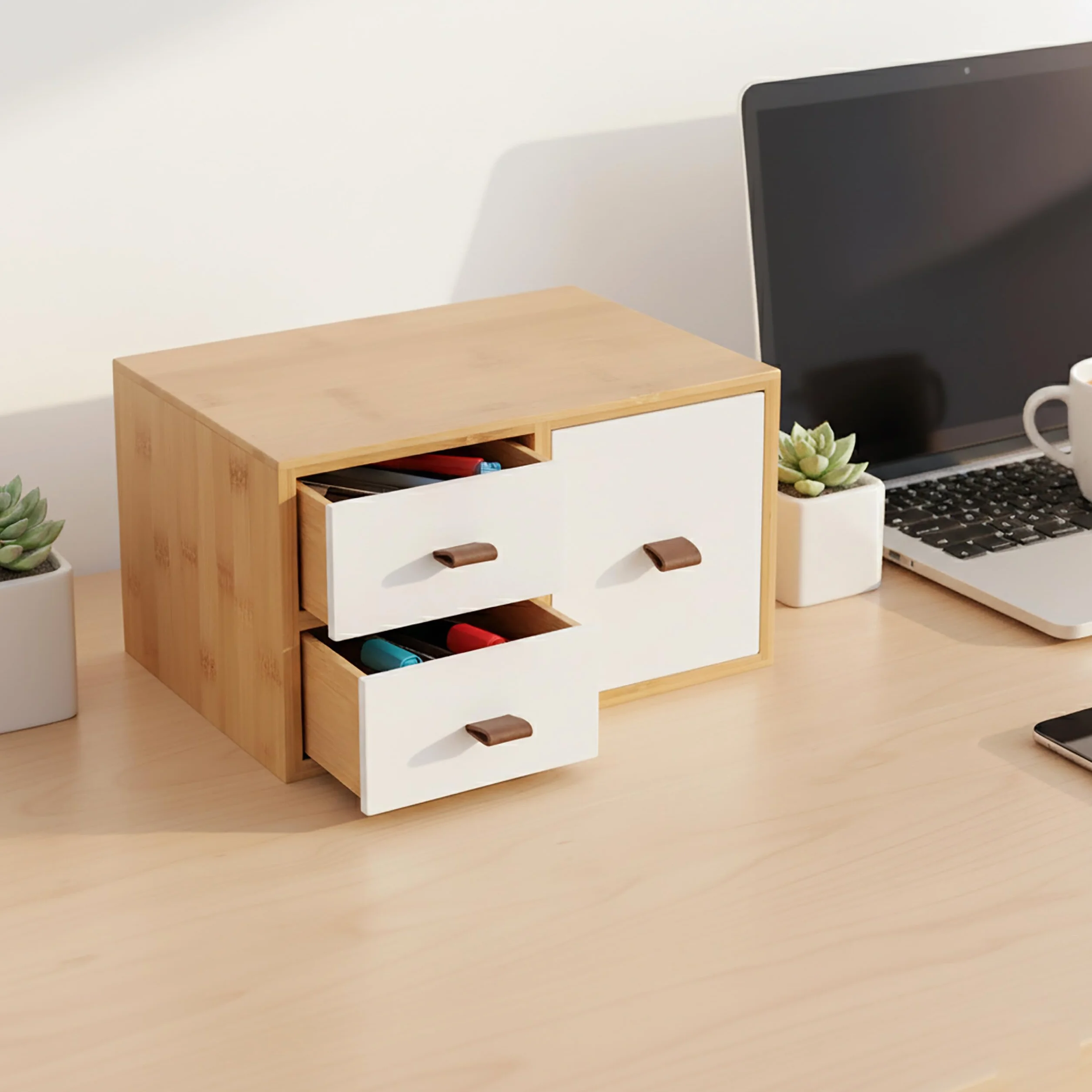 Relaxdays Caja con Cajones de Bambú y MDF, 3 Cajones, Organizador de Escritorio, 15x25x20 cm, Natural/Blanco