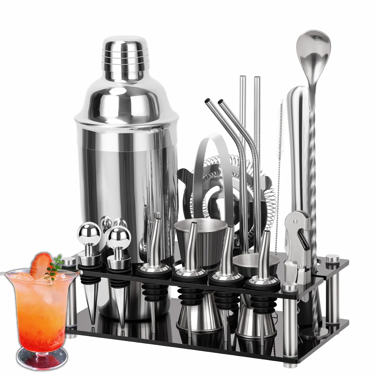 Coctelera Profesional de Acero Inoxidable 20 Piezas Kit de Coctelería con Soporte Acrílico
