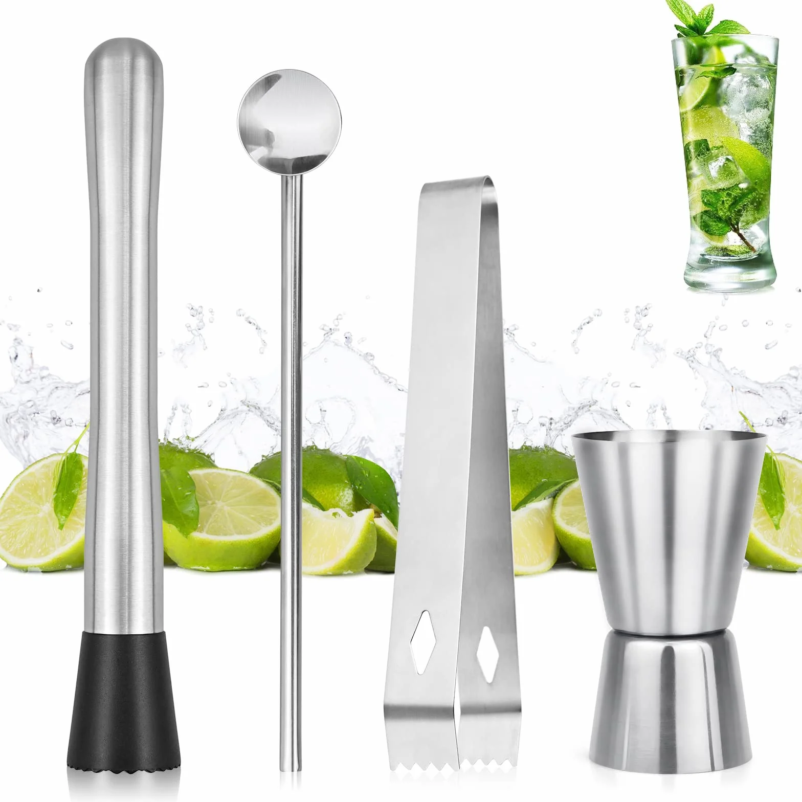 Juego de 4 accesorios de cóctel, mojito, cuchara mezcladora, clip de hielo y vaso medidor