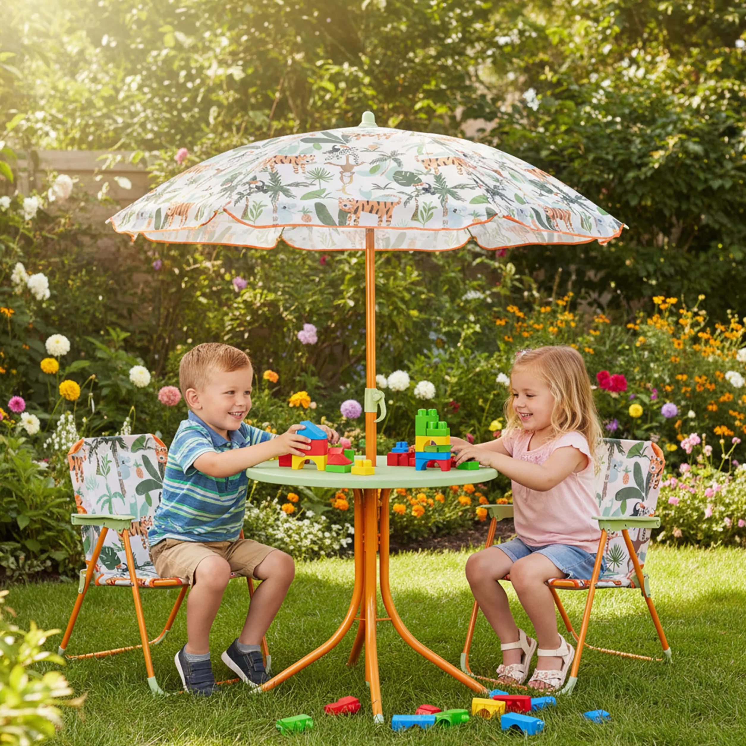 Relaxdays Mobiliario Infantil Jardín Sombrilla Sillas Plegables Mesa Niños 126x100x100 cm