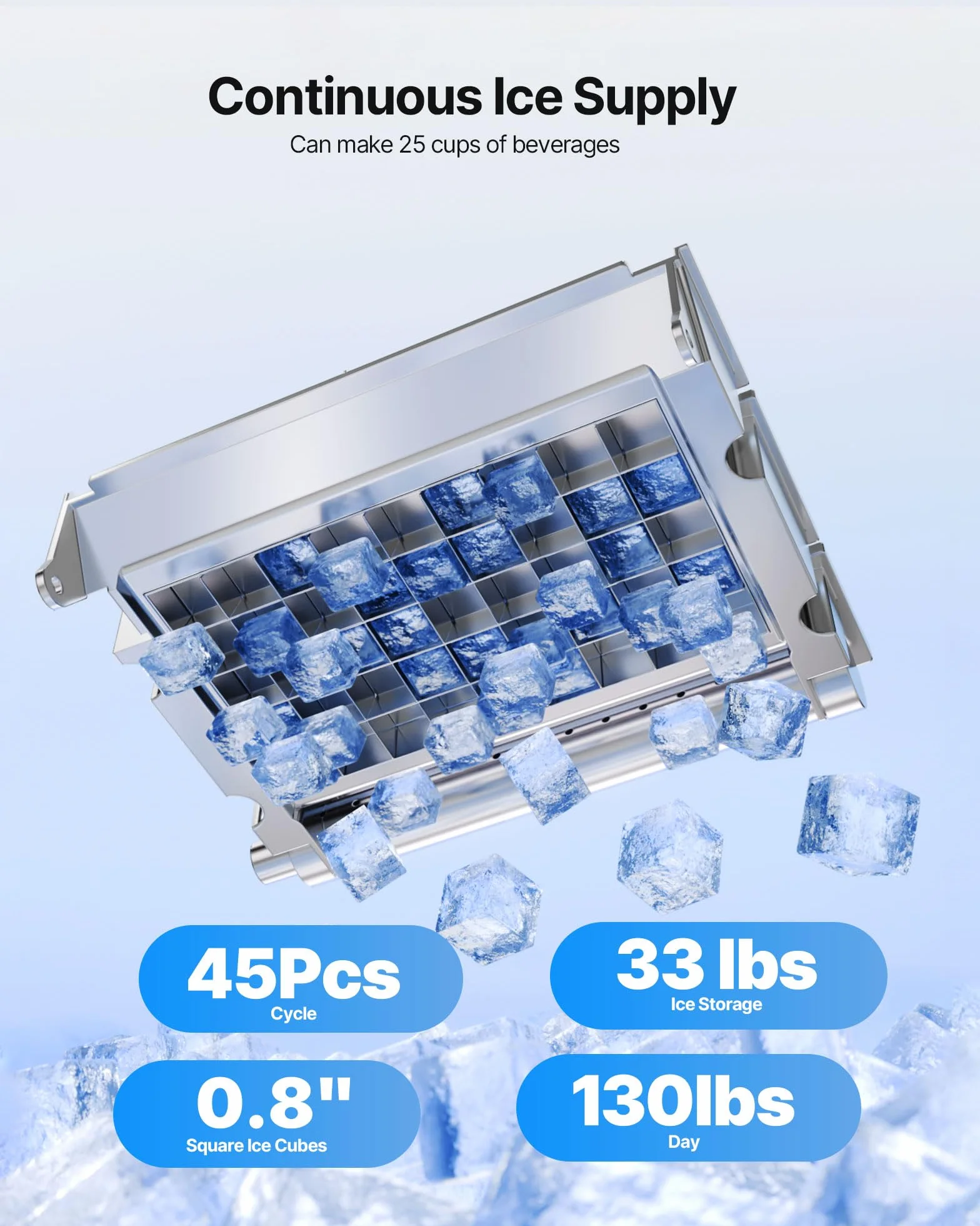 VEVOR Máquina para Fabricar Hielo 54,4 kg/24 h 15 kg Almacenamiento Acero Inoxidable Independiente Encimera Pantalla LED Autolimpieza