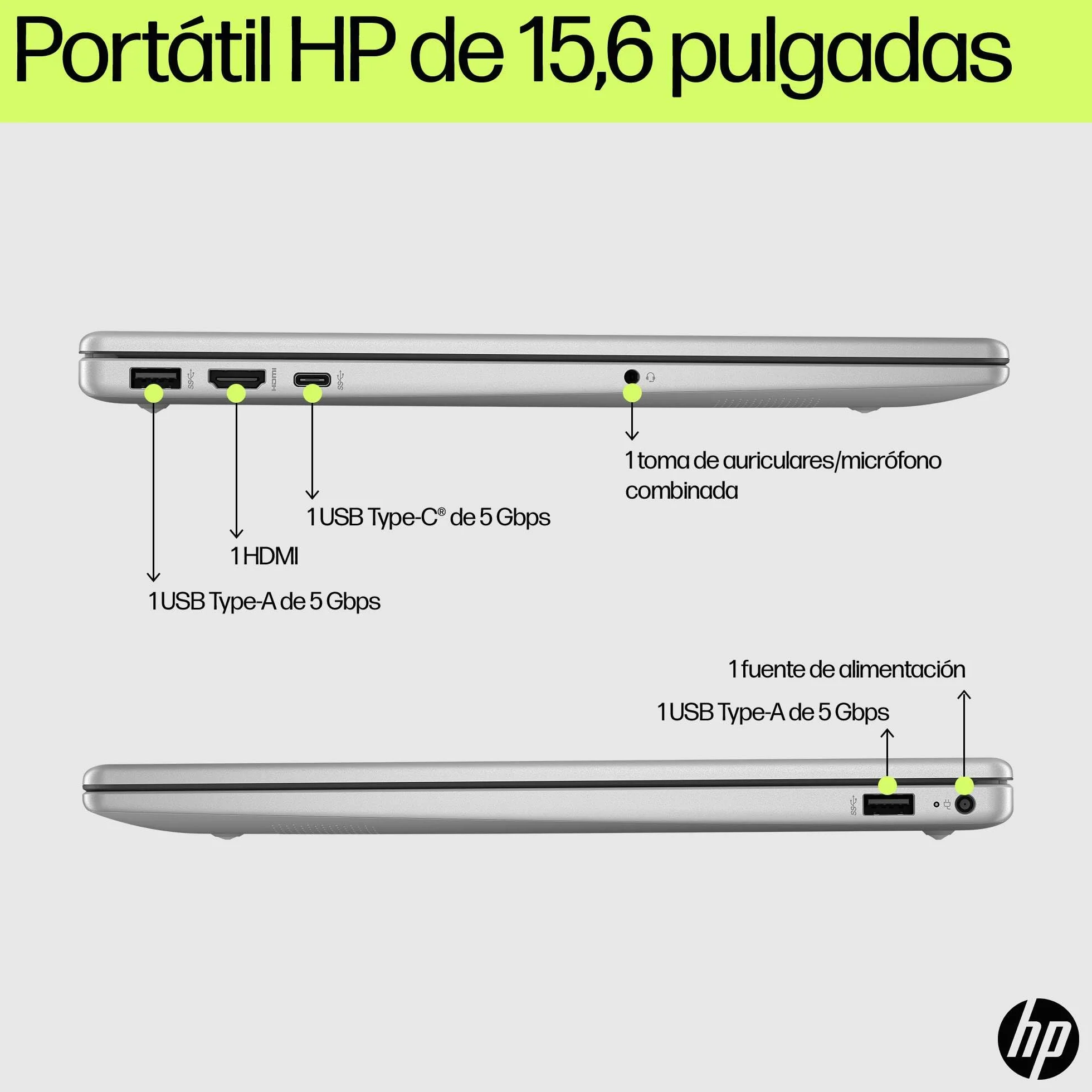 HP 15-fd0261ns - Ordenador portátil de 15.6" FHD (Intel N100, 4GB RAM, 128GB UFS, Intel UHD, Windows 11) Plata - Teclado QWERTY Español - Incluye Microsoft 365 Personal 12 Meses