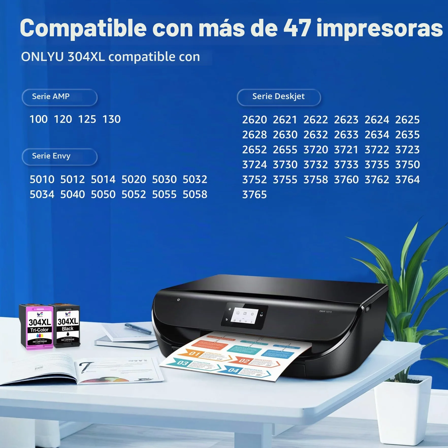 ONLYU 304XL Cartuchos de Tinta remanufacturados Negro y Color para HP 304 | Compatible para HP Envy 5030 5032 5000 5010 5020 DeskJet 3750 2630 3760 3762 2600 2620 2622
