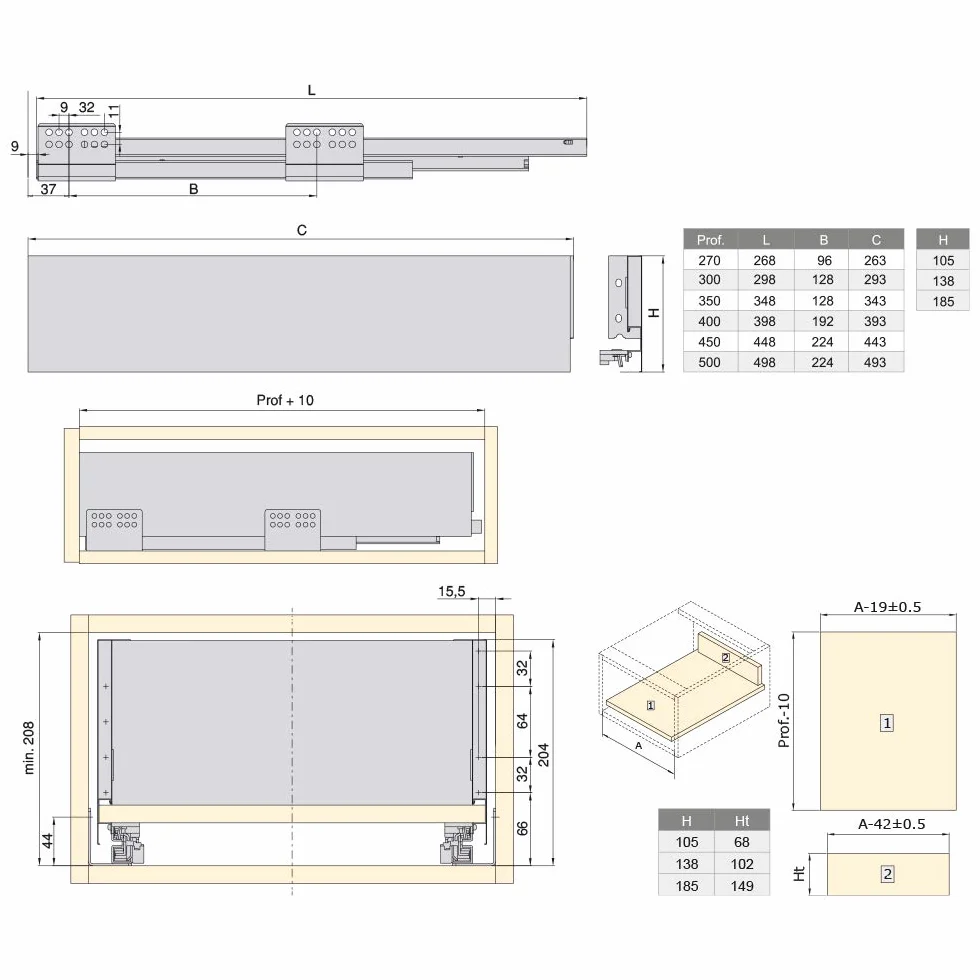 Kit de cajón para Cocina o baño con guías de extracción Total y Cierre Suave, Altura 185mm y Profundidad 500mm, Blanco