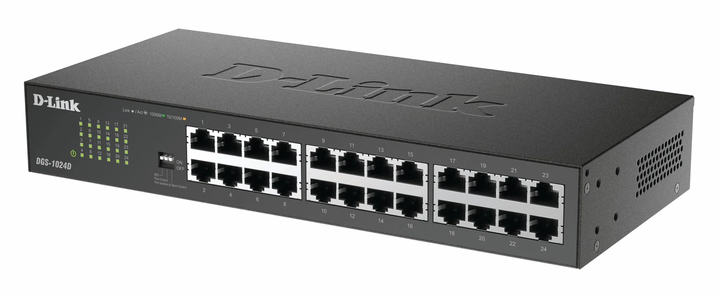 D-Link DGS-1024D - Switch 24 Puertos Gigabit (LAN RJ-45, sin gestión, 1000 Mbps por Puerto, QoS, Carcasa metálica, Montaje en Rack para pymes) Color Negro y Plata