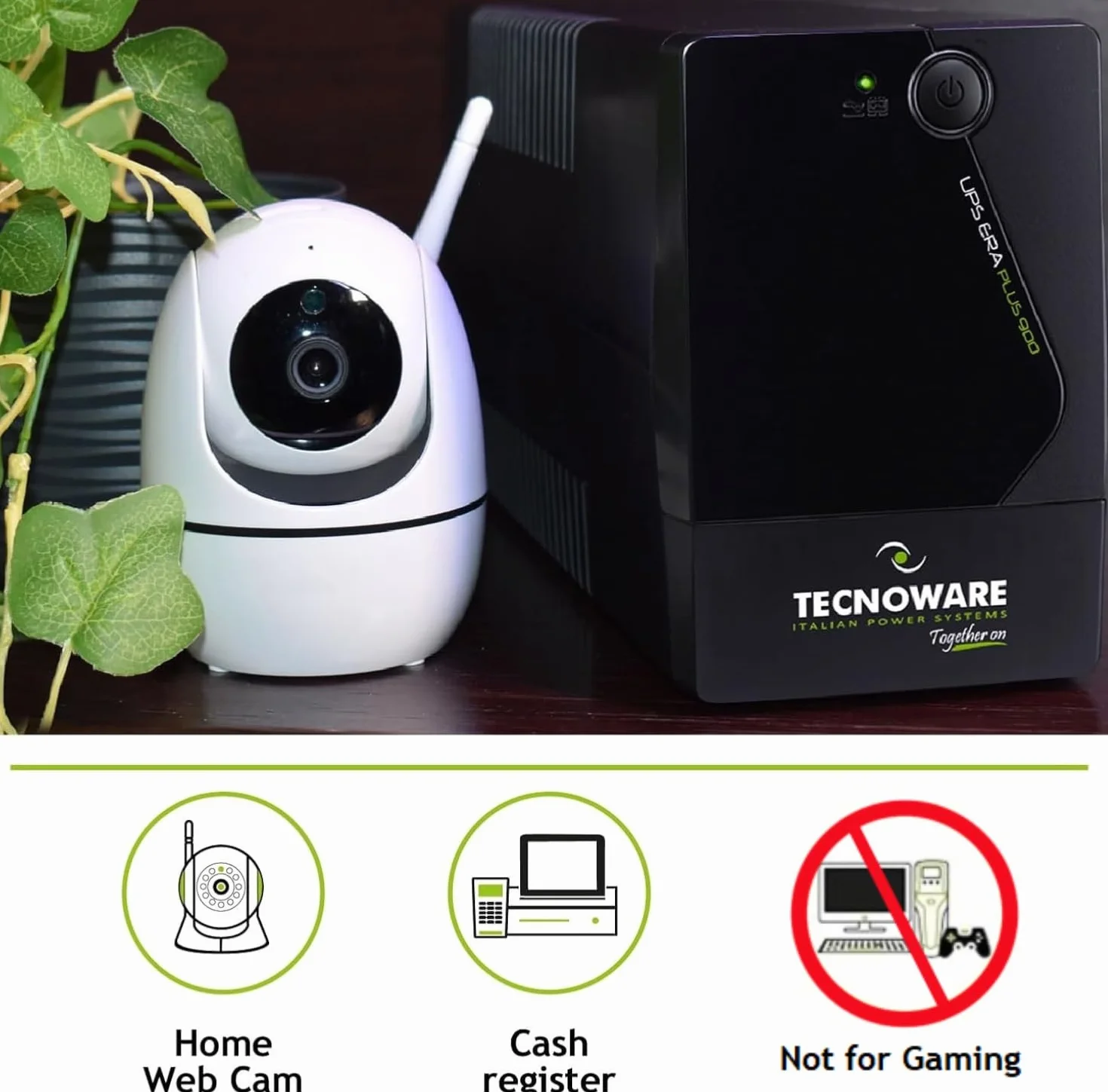 Tecnoware Power Systems UPS 900VA para PC/Modem, NO Gaming/Consola, SAI ERA PLUS, 2 Schuko, protege de apagones y picos de tensión PC, módem, videovigilancia, TPV, NAS, POS