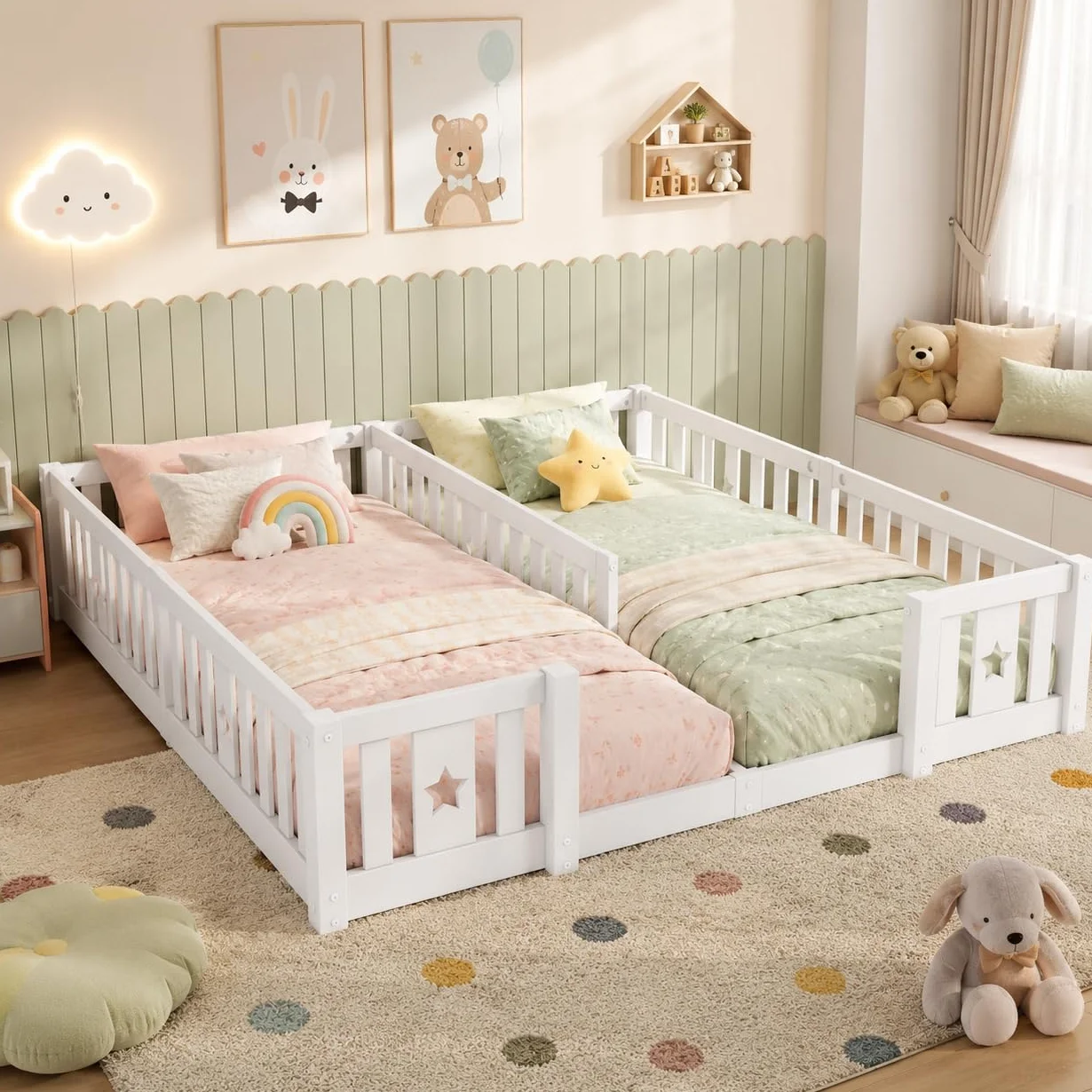 Montessori Cama infantil doble 2 x (90 x 200 cm), marco de madera con barrera de seguridad para 2 niños, color blanco y sin somier de láminas)