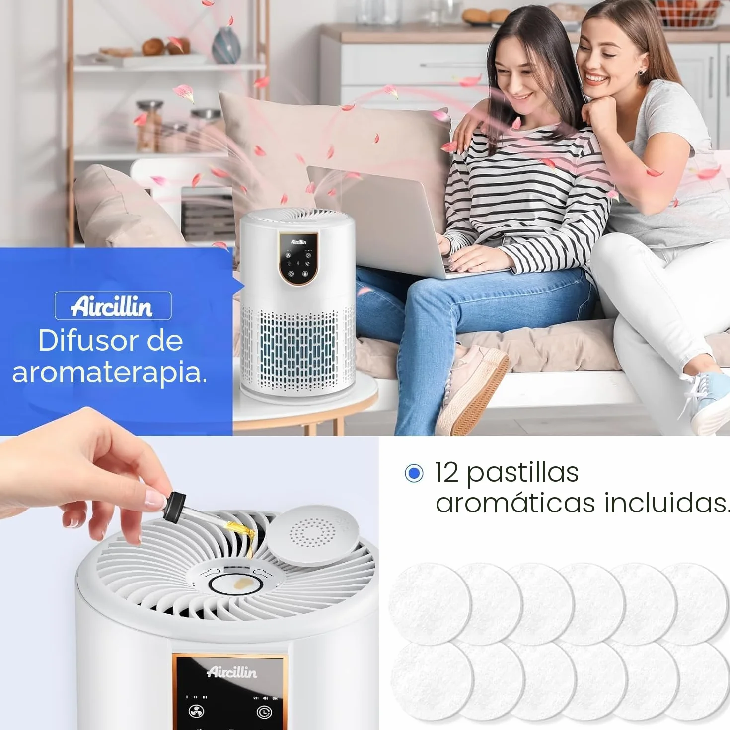 Aircillin Purificador de Aire HEPA 5 Etapas, Elimina 99.97% Polen, Caspa, Humo, 25dB Silencio, 12W Bajo Consumo