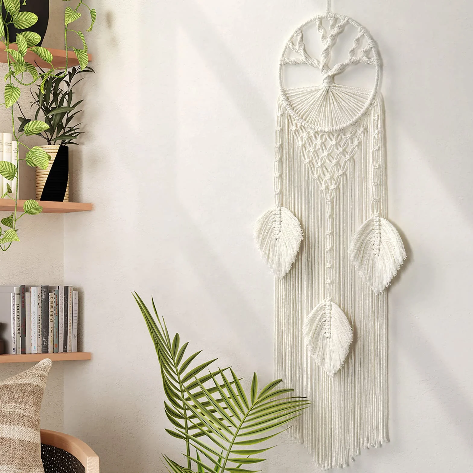 LOMOHOO Árbol de la Vida Atrapasueños Macramé Colgante de Pared Bohemio con Hoja de Plumas