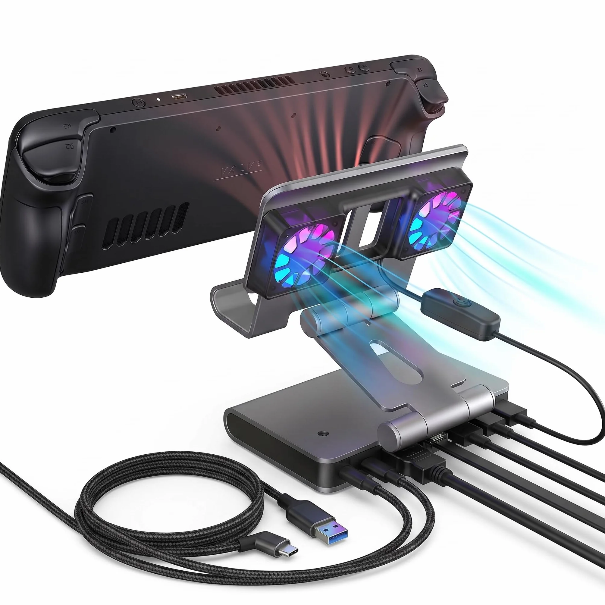 Estación de acoplamiento de ventiladores para Steam Deck/ROG Ally X/Legion Go/Claw, soporte ajustable 6 en 1 con HDMI 4K a 60Hz, Ethernet de 1000 Mbps, 3 USB-A 3.0 y carga rápida para Steam Deck OLED