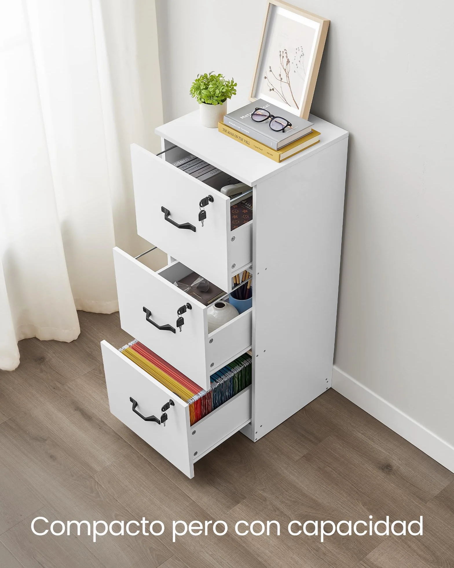 VASAGLE Armario de Oficina Archivador con 3 Cajones Bloqueables para Formato A4, Blanco Nube OFC055W14