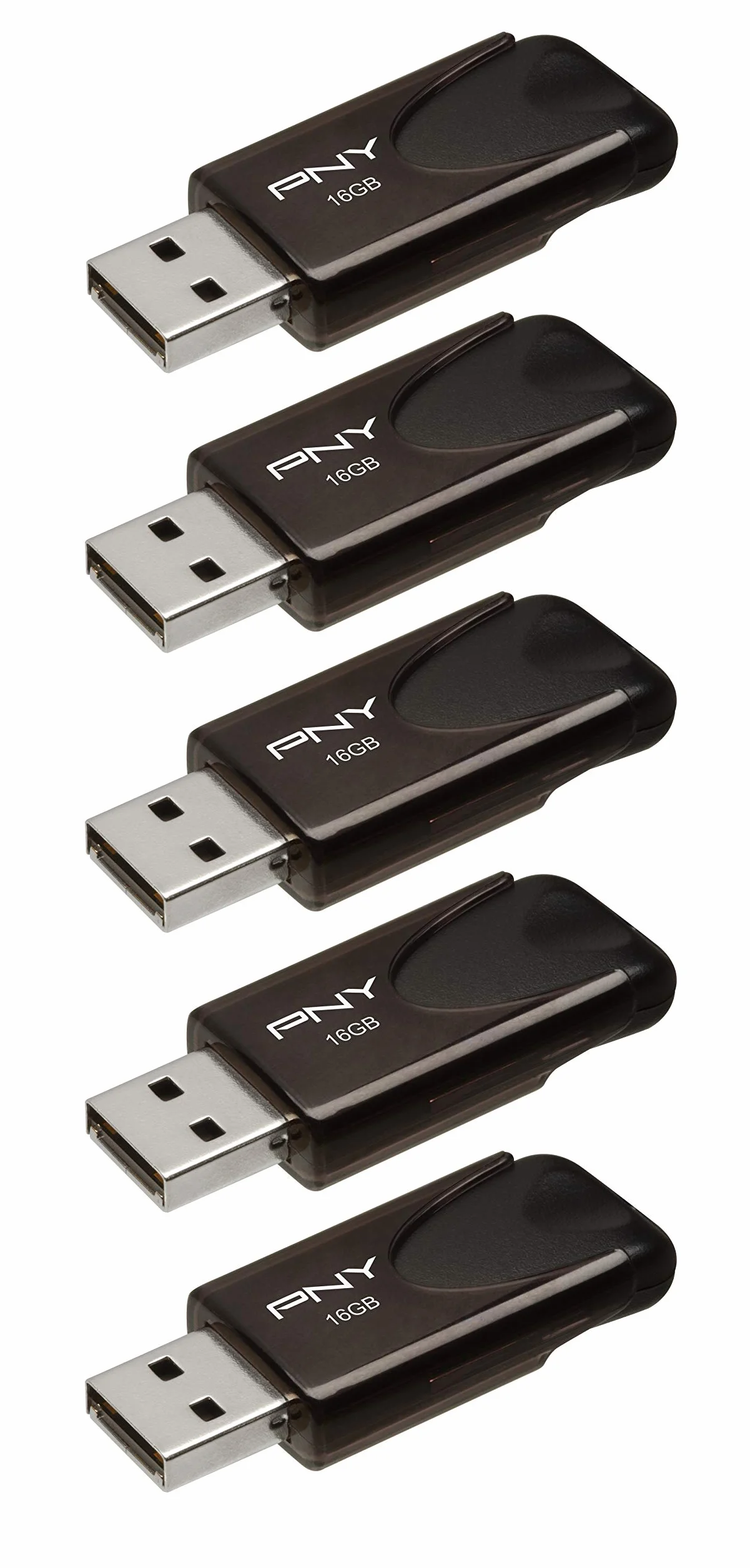PNY Paquete de 5 Memorias Flash Attaché 4 USB 2.0 con Tapa Deslizante, Negro, 5x16GB