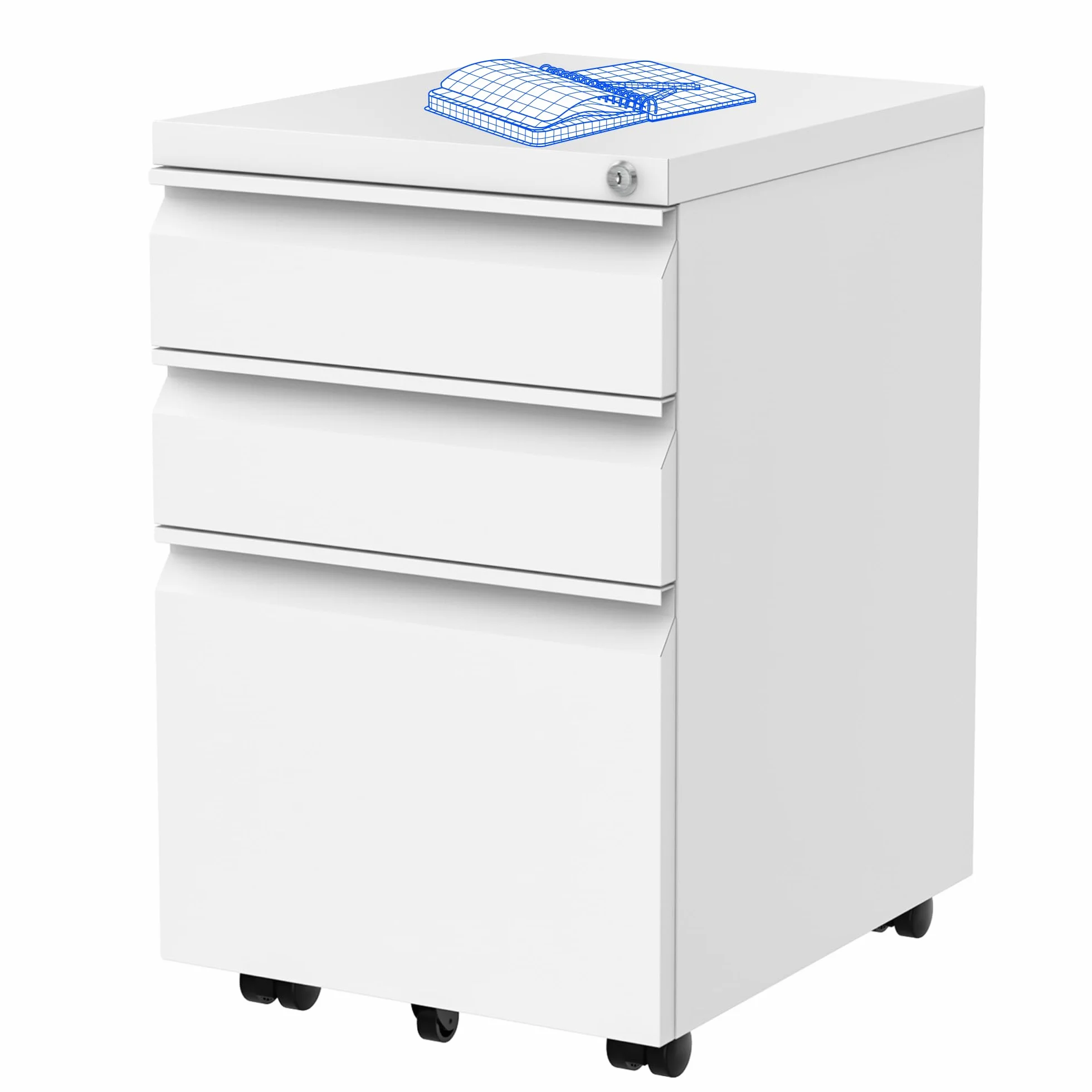FLEXISPOT CB32 Contenedor con Ruedas, Mueble de Oficina, cómoda, Escritorio con Ruedas con 3 cajones para Oficina, salón y Dormitorio, con Cerradura con Llave, Blanco