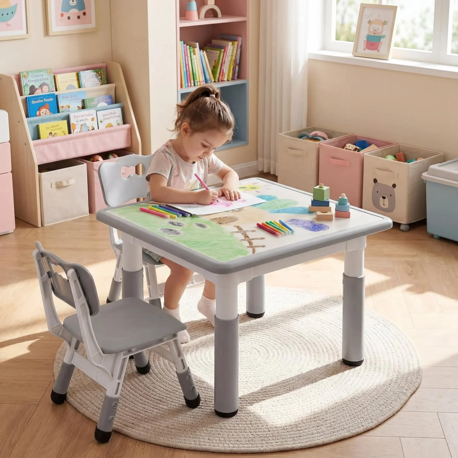 MAMIZO Mesa Infantil con 2 Sillas Ajustable, Muebles de Plástico para Niños, Gris Cuadrada
