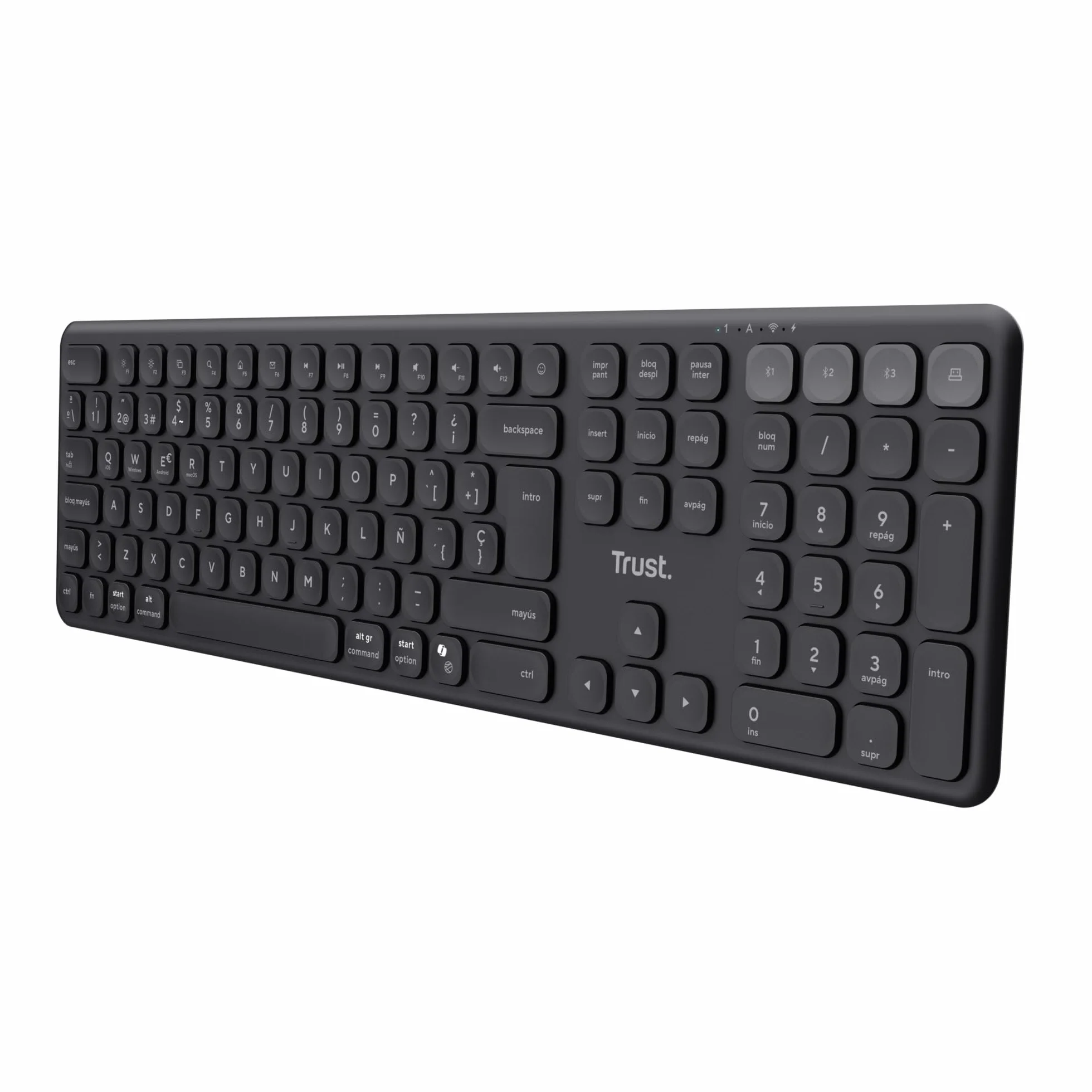 Trust Vaiya Teclado Inalámbrico Bluetooth + 2.4 GHz QWERTY Español, Teclado Bluetooth Multidispositivo Recargable con Numpad, 55% Plástico Reciclado, Windows iOS iPadOS macOS Android, Negro