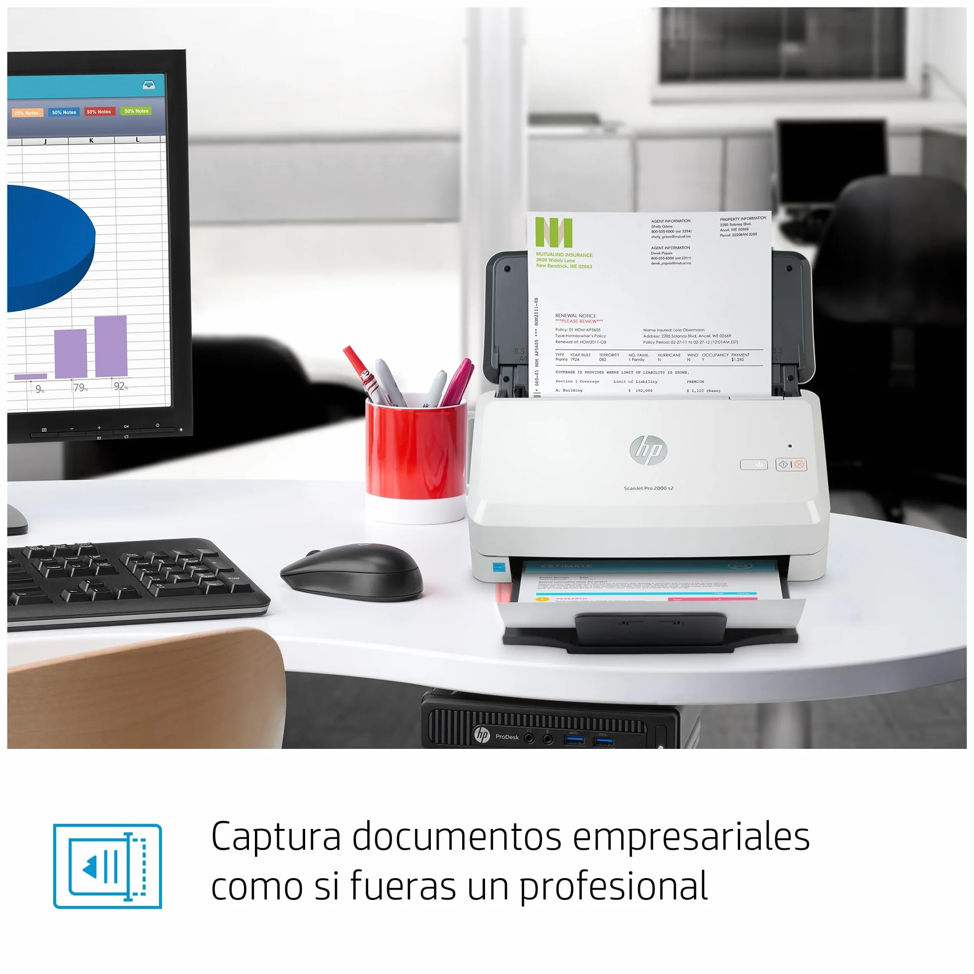 HP ScanJet Pro 2000 s2 Escáner Documentos ADF 50 Hojas Doble Cara 35 ppm 70 ipm USB 3.0 Gris
