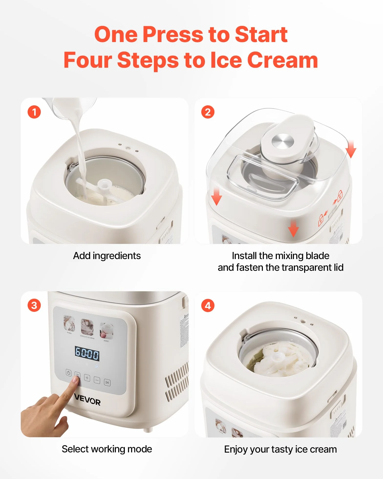VEVOR Máquina para Hacer Helados 1 L con Compresor Incorporado Heladera Automática Vertical 4 Modos