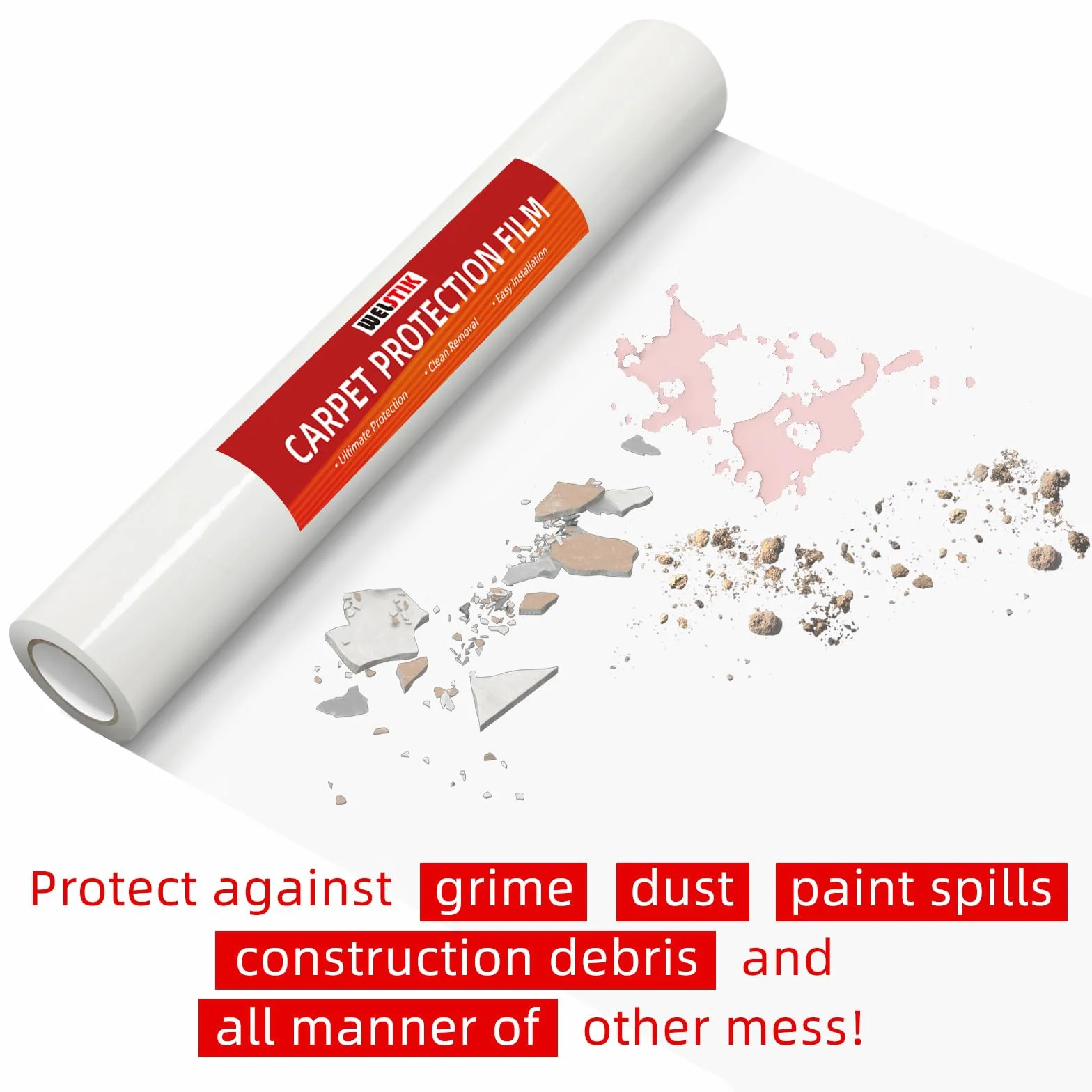 WELSTIK Película protectora transparente 61 cm x 200 pies, protector de alfombra de plástico resistente para superficies de construcción