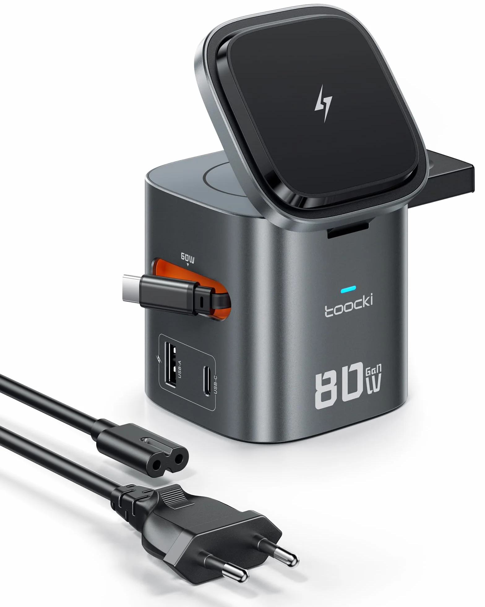 toocki Estación Carga 80W, 6 en 1 Cargador GAN con Cable USB C Retráctil | Cargador Carga Rápida USB-C Múltiple para Casa/Oficina, Compatible con Watch/AirPods, Diseño Compacto, Protección Segura