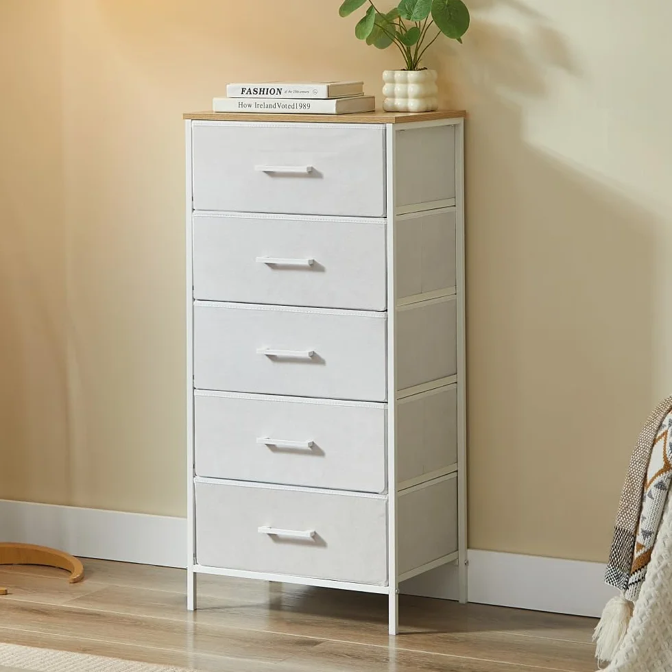 CASABEL cómoda Alta y Estrecha Blanca, 5 cajones de Tela rígida, Metal Blanco y Tablero, 45x30x94cm, cajonera para Dormitorio, salón, recibidor o Pasillo, sinfonier Funcional y práctico