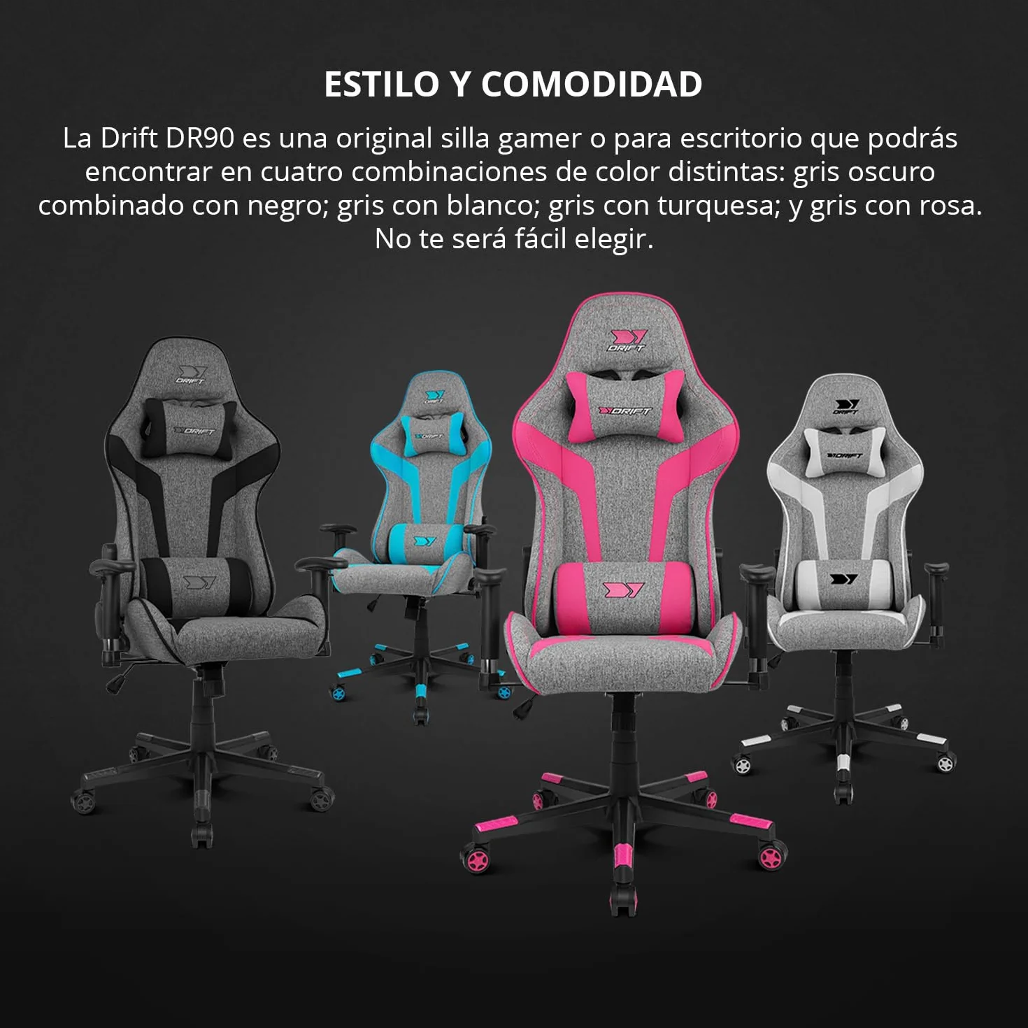 DRIFT GAMING DR90 Silla Gaming Ergonómica Respaldo Reclinable 135° Brazos 2D Ajustables Tejido Transpirable Base Nylon Pistón Gas Clase 4 Gris/Negra