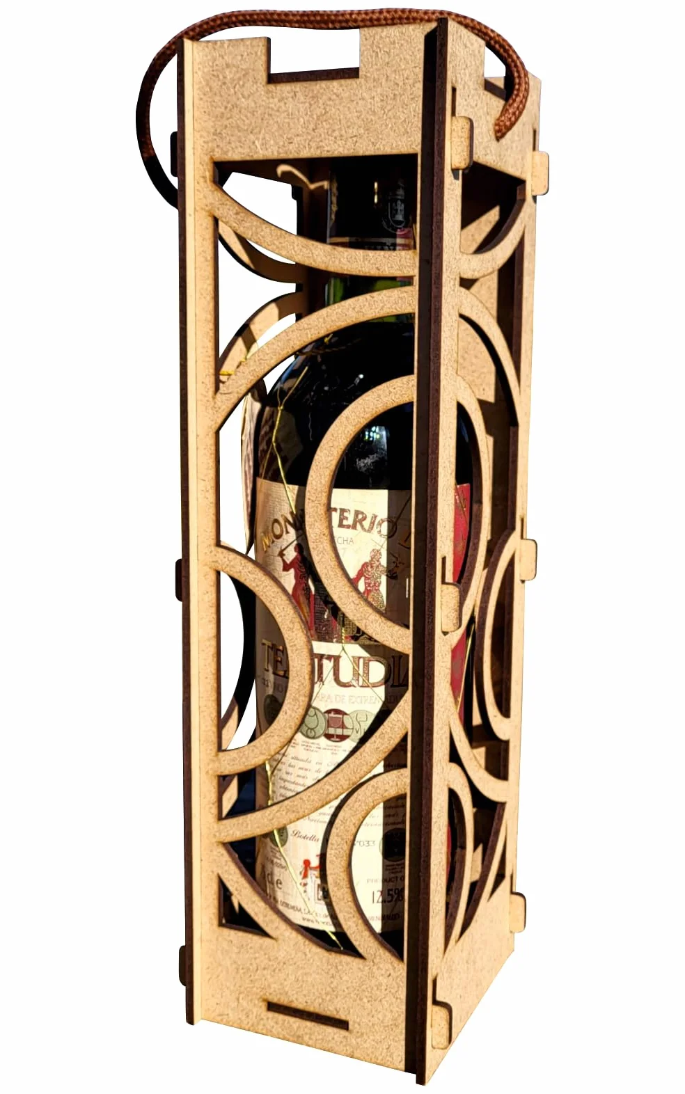 Estuche Botella Vino Madera Diseño Moderno Regalo Aniversario Día del Padre Cena Amigos