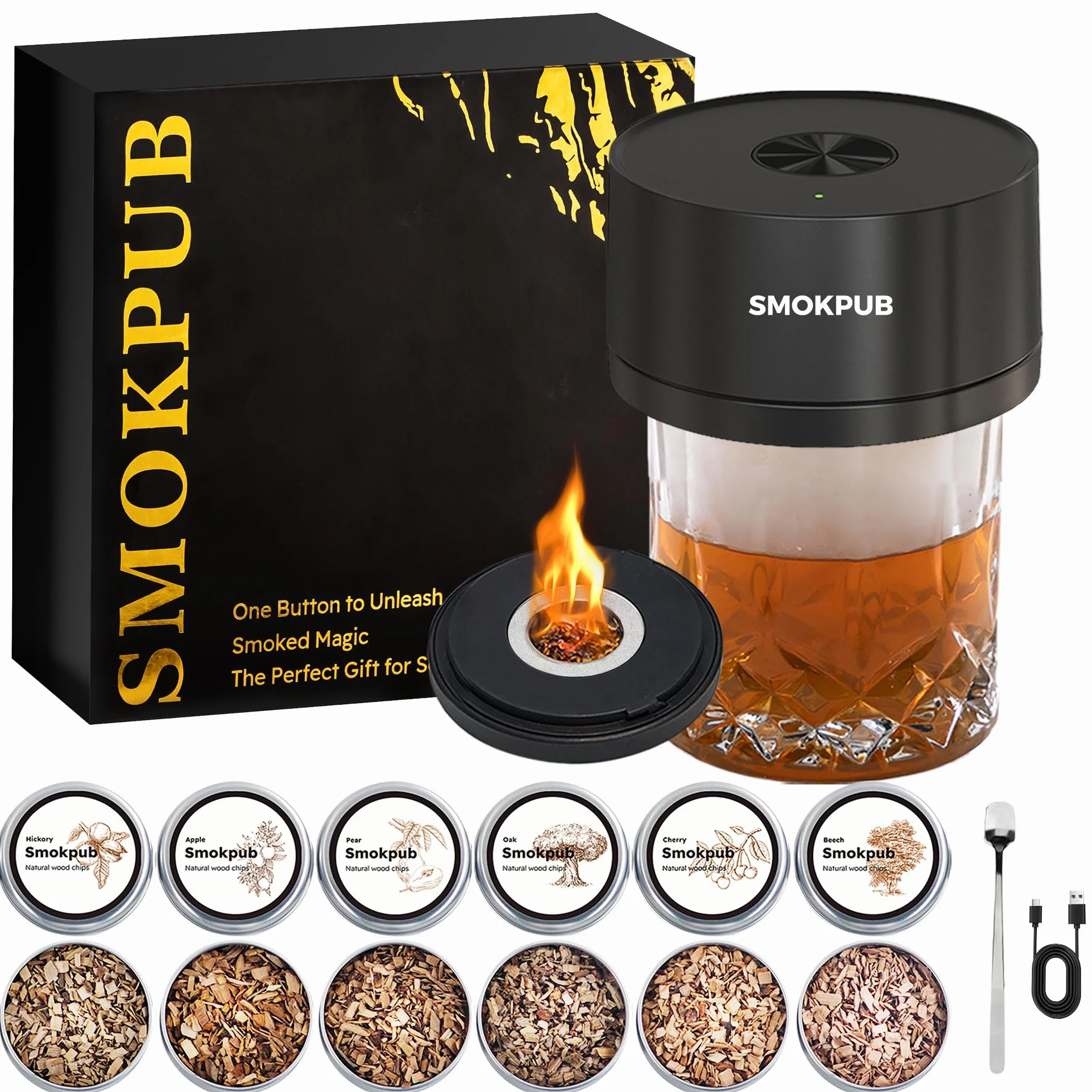SMOKPUB Kit de Ahumador Eléctrico para Whisky con 6 Chips de Madera