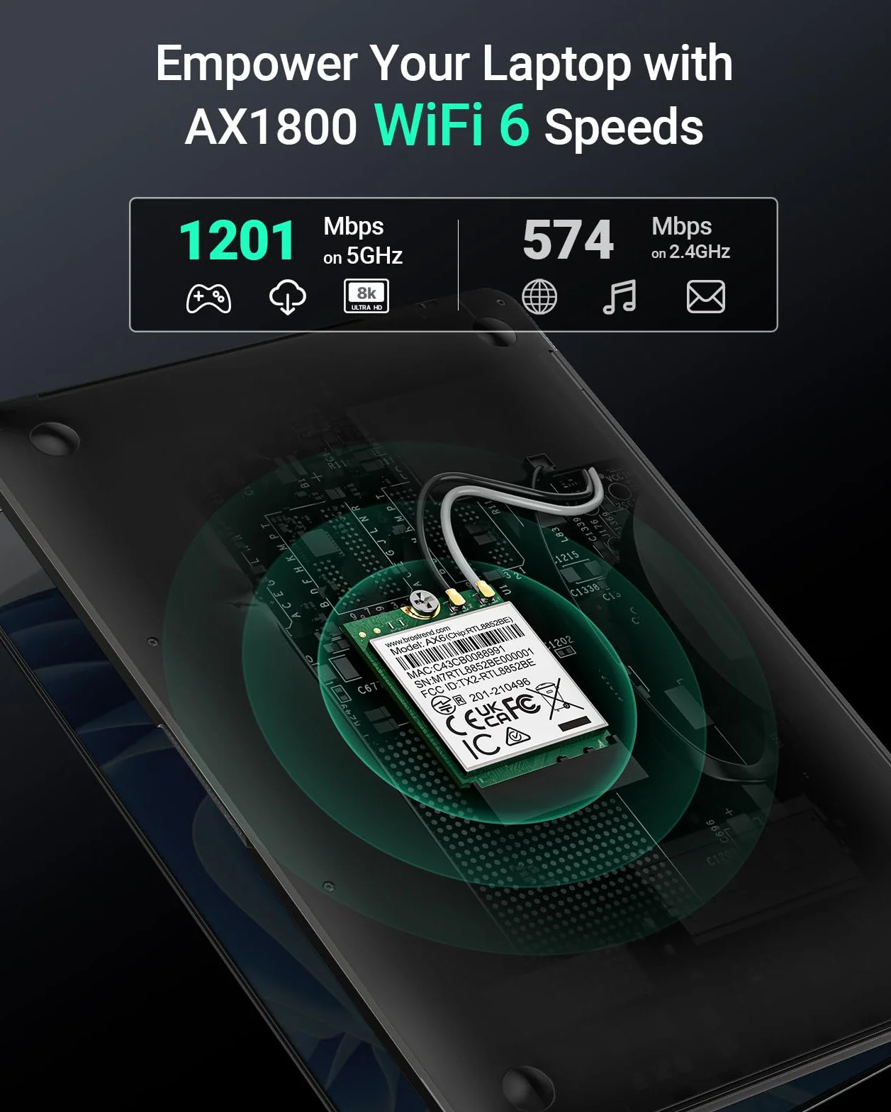 BrosTrend WiFi 6 Tarjeta de Red WiFi para Portátil, 1800Mbps Tarjeta WiFi y Bluetooth 5.2 Doble Banda 5GHz / 2.4GHz, M.2 Inalámbrico Tarjeta WiFi PC Soporte Windows 10/11 (64bit), Vida ÚTI Protección