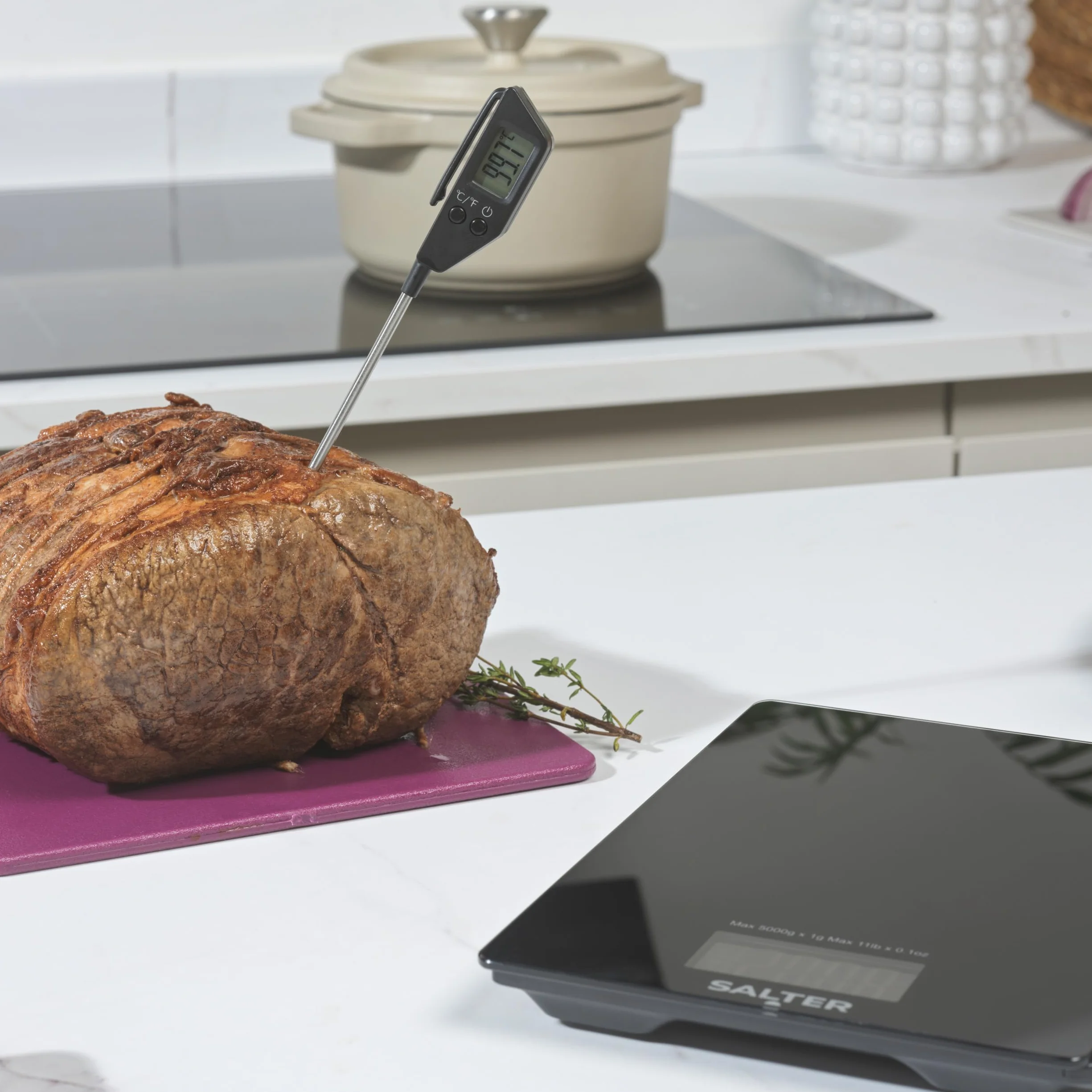 Salter termómetro Aquatronic con temporizador y reloj, sonda desmontable, hasta 5 kg, LCD, Celsius/Fahrenheit