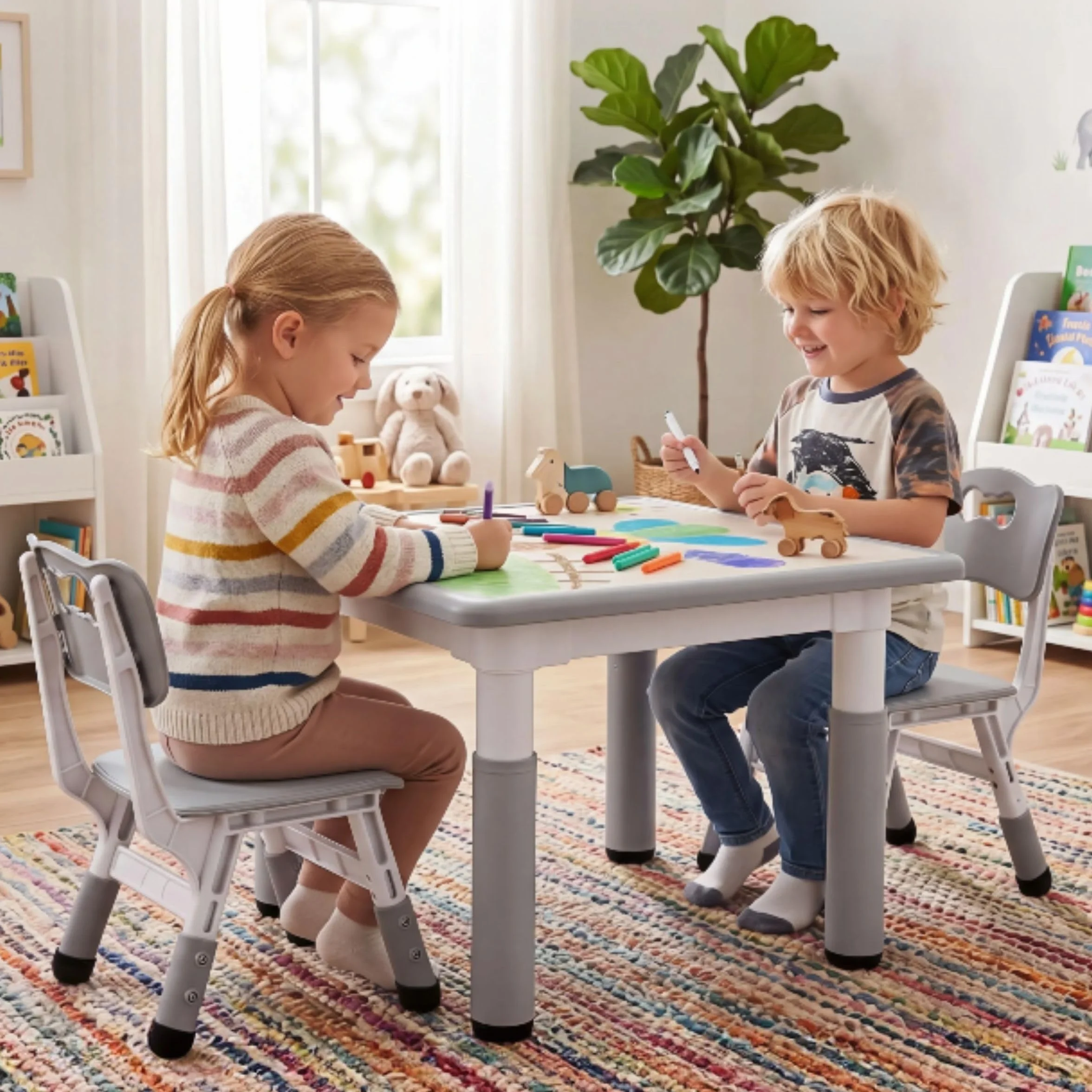 MAMIZO Mesa Infantil con 2 Sillas Ajustable, Muebles de Plástico para Niños, Gris Cuadrada