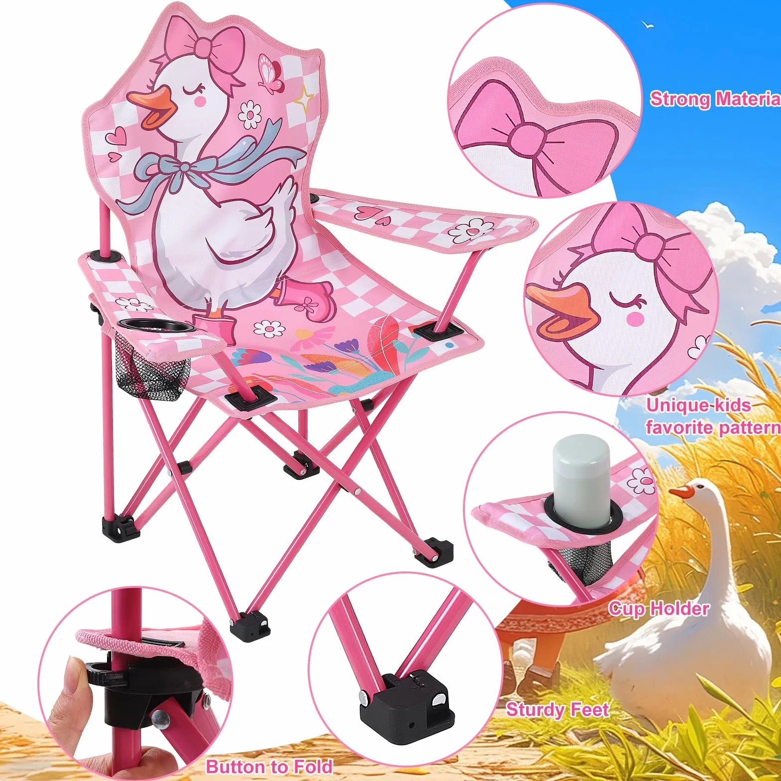 Silla de camping para niños plegable con soporte para bebidas diseño cisne jardín portátil