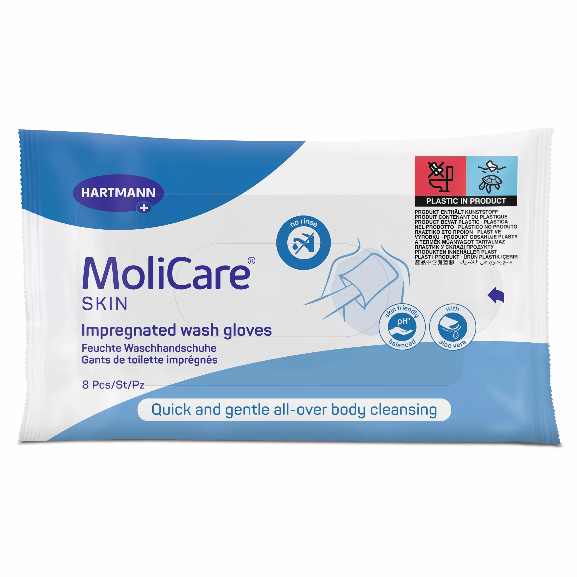 MoliCare Skin - Guantes de baño impregnados para cualquier ocasión, se pueden calentar o refrescar, pH neutro a la piel, bolsa de 8 unidades