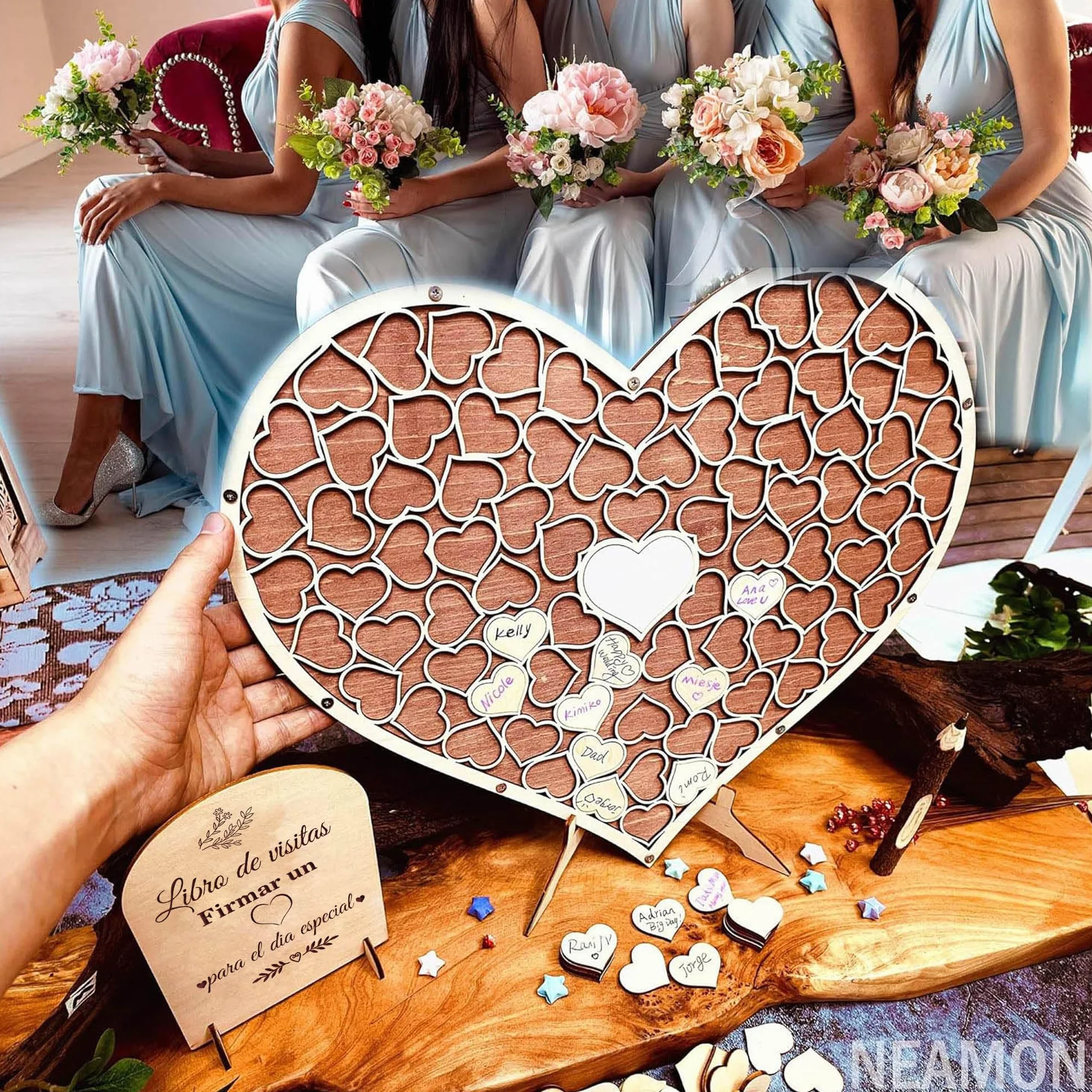 Libro de Firmas de Boda Corazón Madera, Decoración Alternativa con 83 Corazones y Bolígrafos