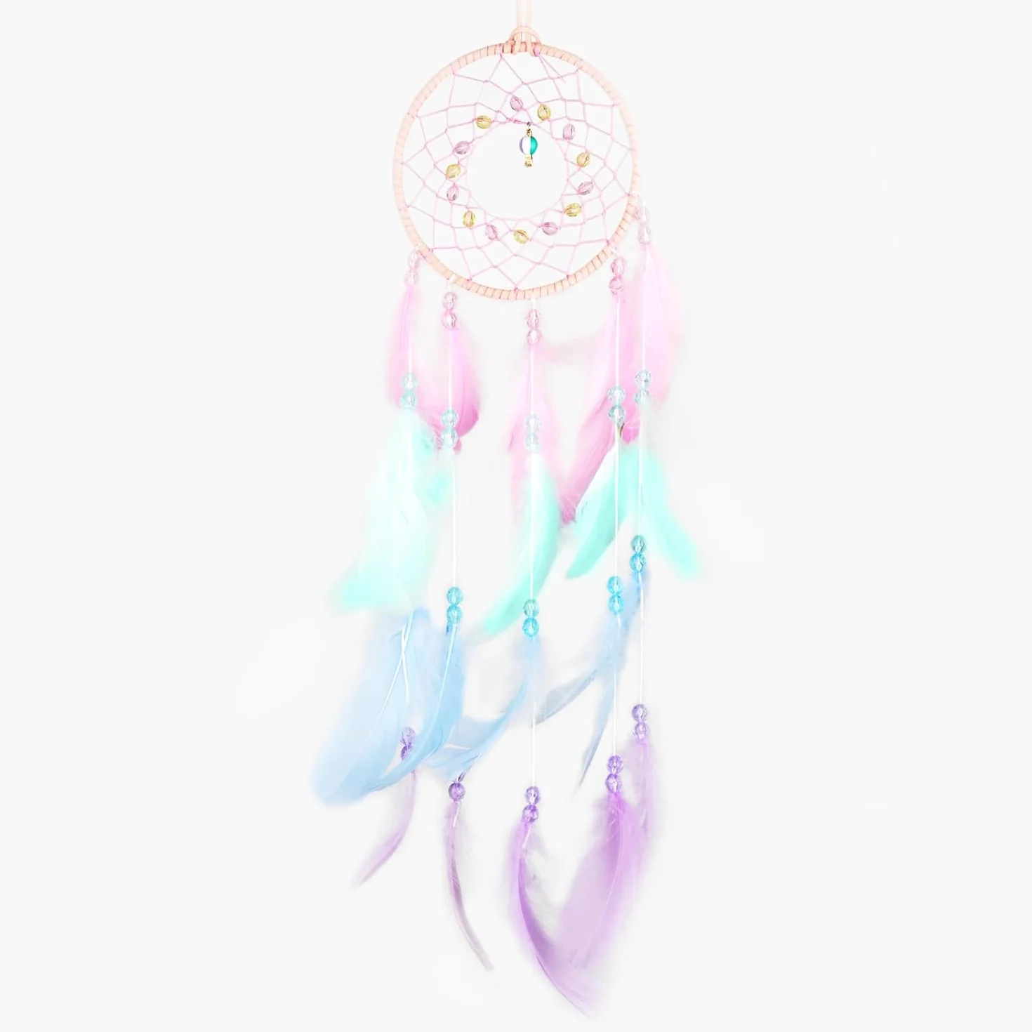 Atrapasueños Grande Hecho a Mano con Plumas y Cuentas de Colores Rosa
