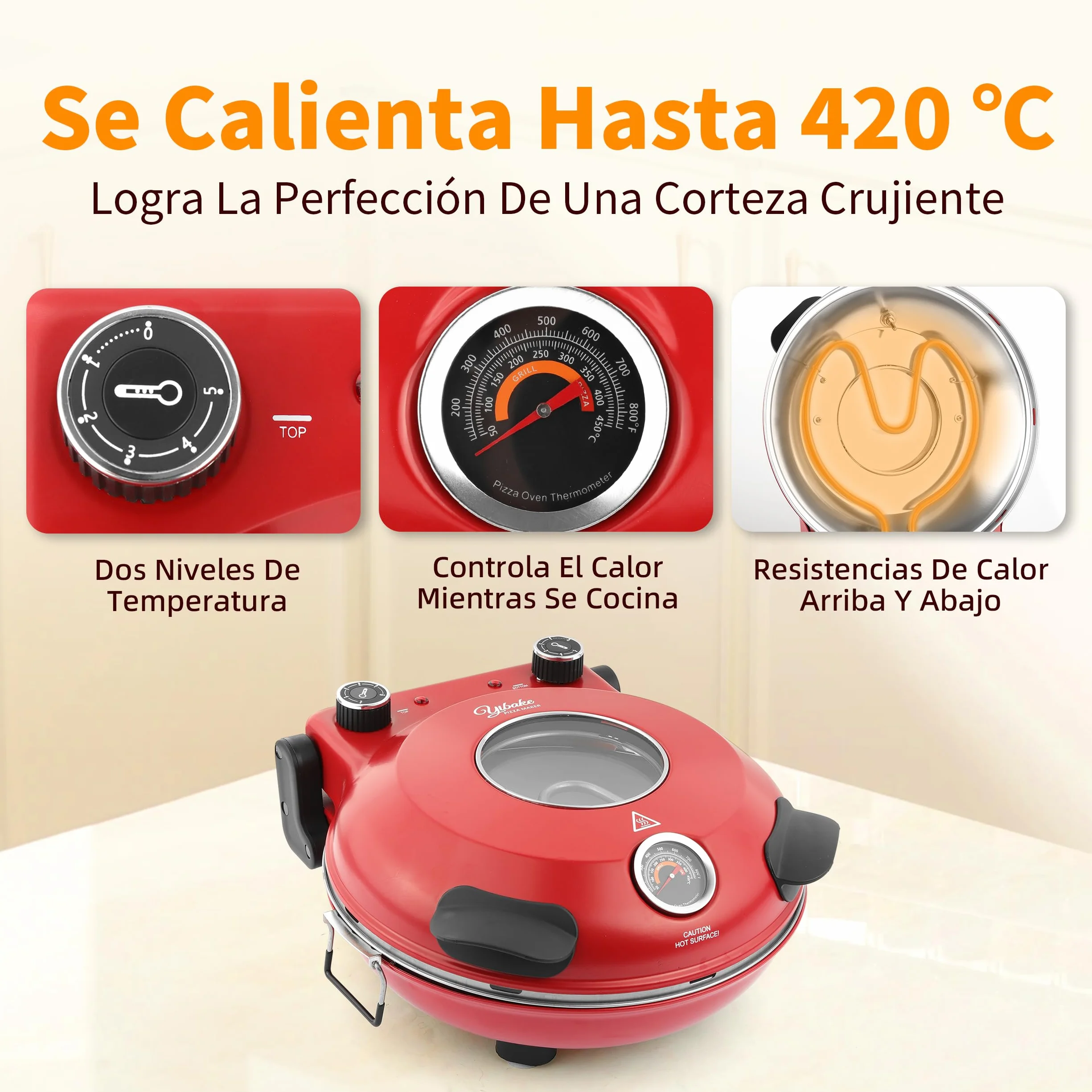 Horno Pizza Eléctrico 4 Minutos, Piedra Refractaria Desmontable, 420℃, Ventana Visualización, Rojo