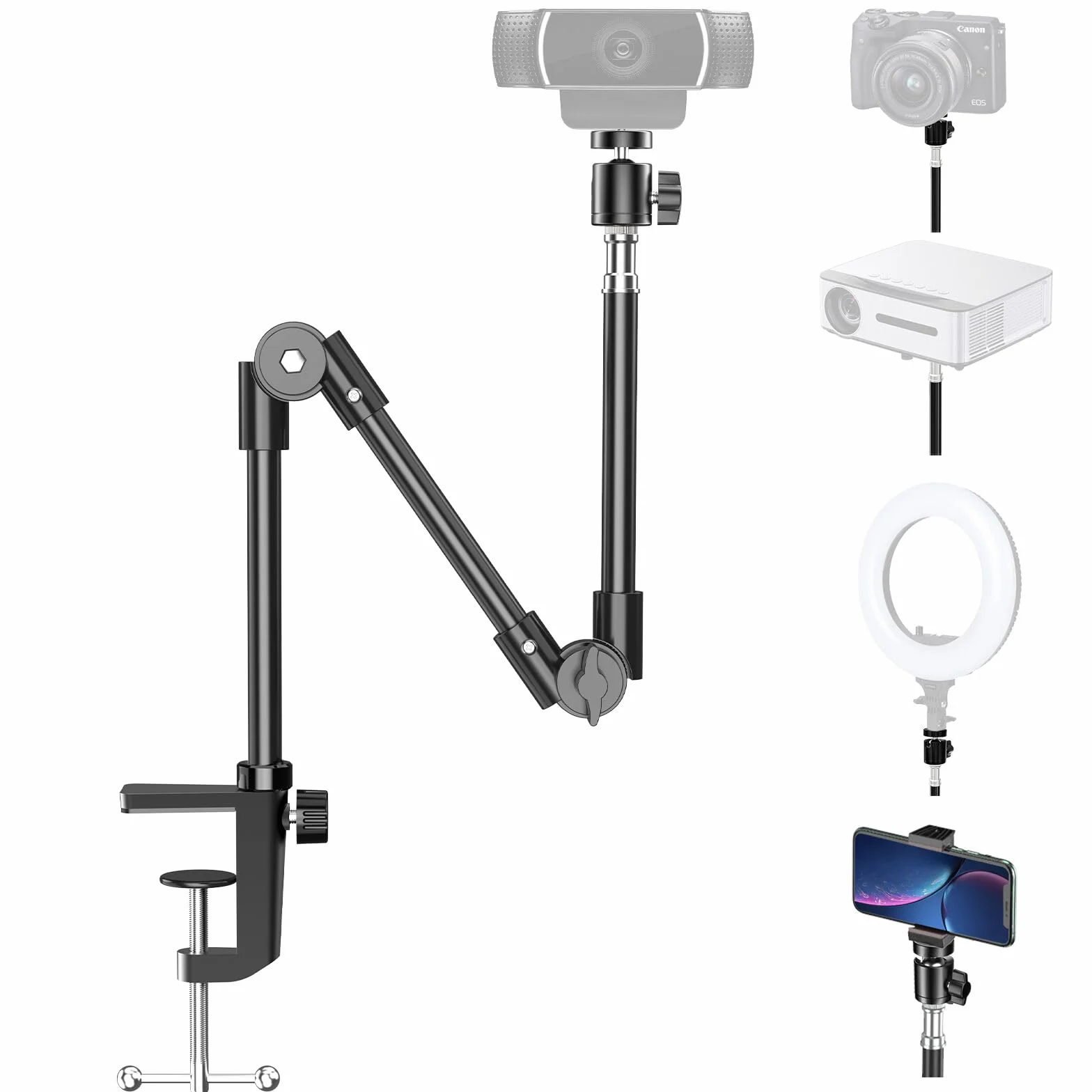 KDD Soporte Camara Escritorio con Soporte Teléfono & 1/4" Tornillo, Soporte Webcam con 22" Flexible Brazo Magico, Tripode Webcam para Logitech C922 C930e C920S C920 C615 C960 Brio 4K Gopro Proyector