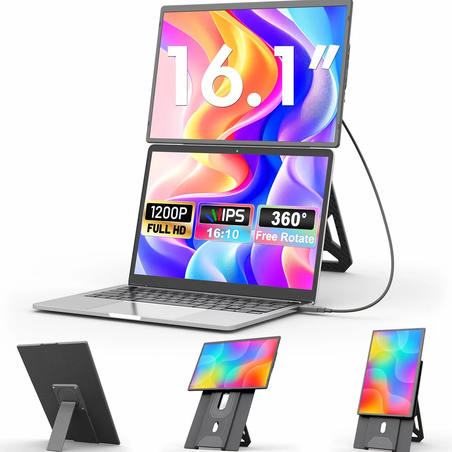 Domyfan Monitor Portable 16,1" FHD 1200P Doble Pantalla Soporte Magnético 360° Plug & Play