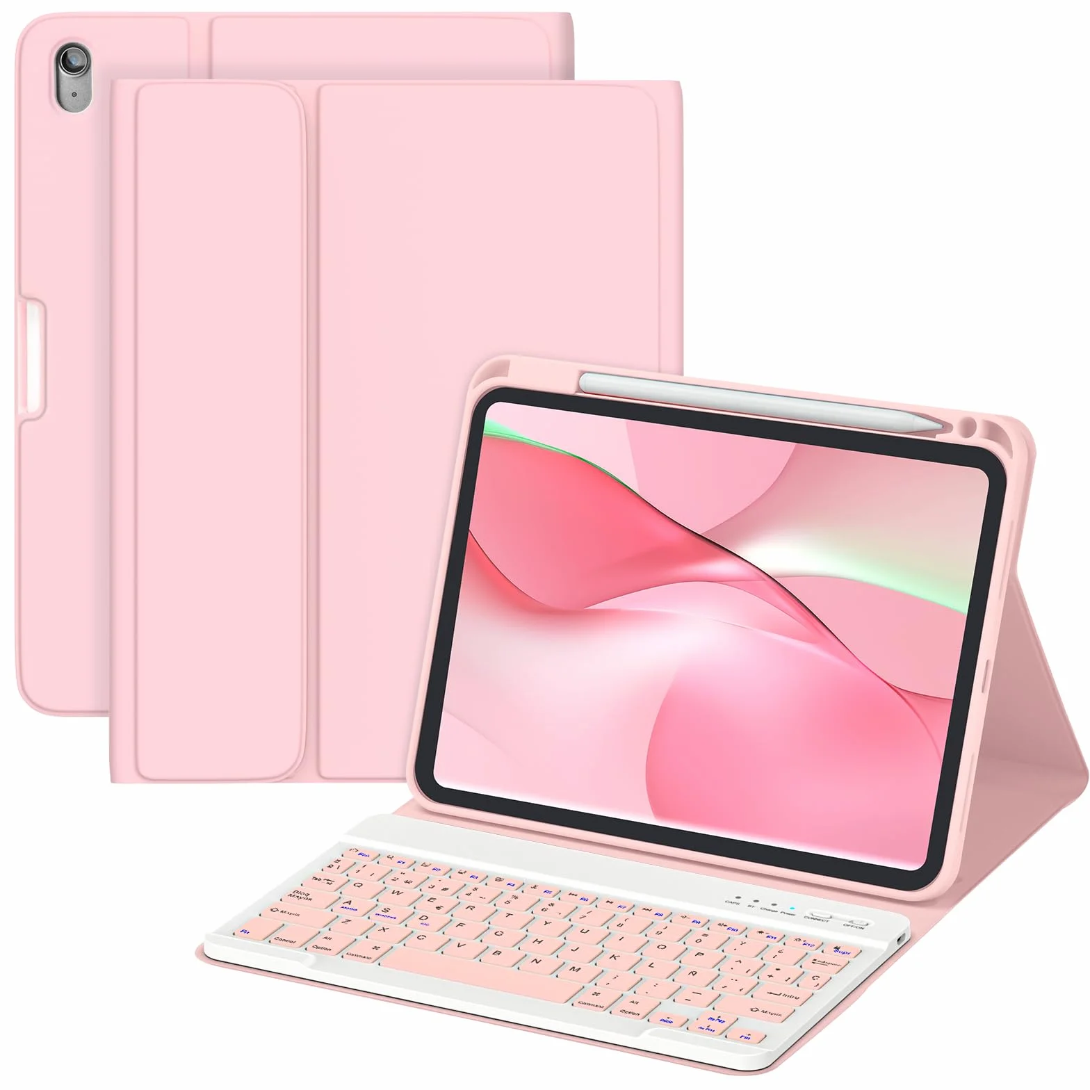 MMK Funda con Teclado para iPad A16 11ª Generación 2025/10ª Generación 2022, QWERTY Español Ñ, Funda Teclado iPad 11/10 Gen Bluetooth Inalámbrico Desmontable (Rosado)