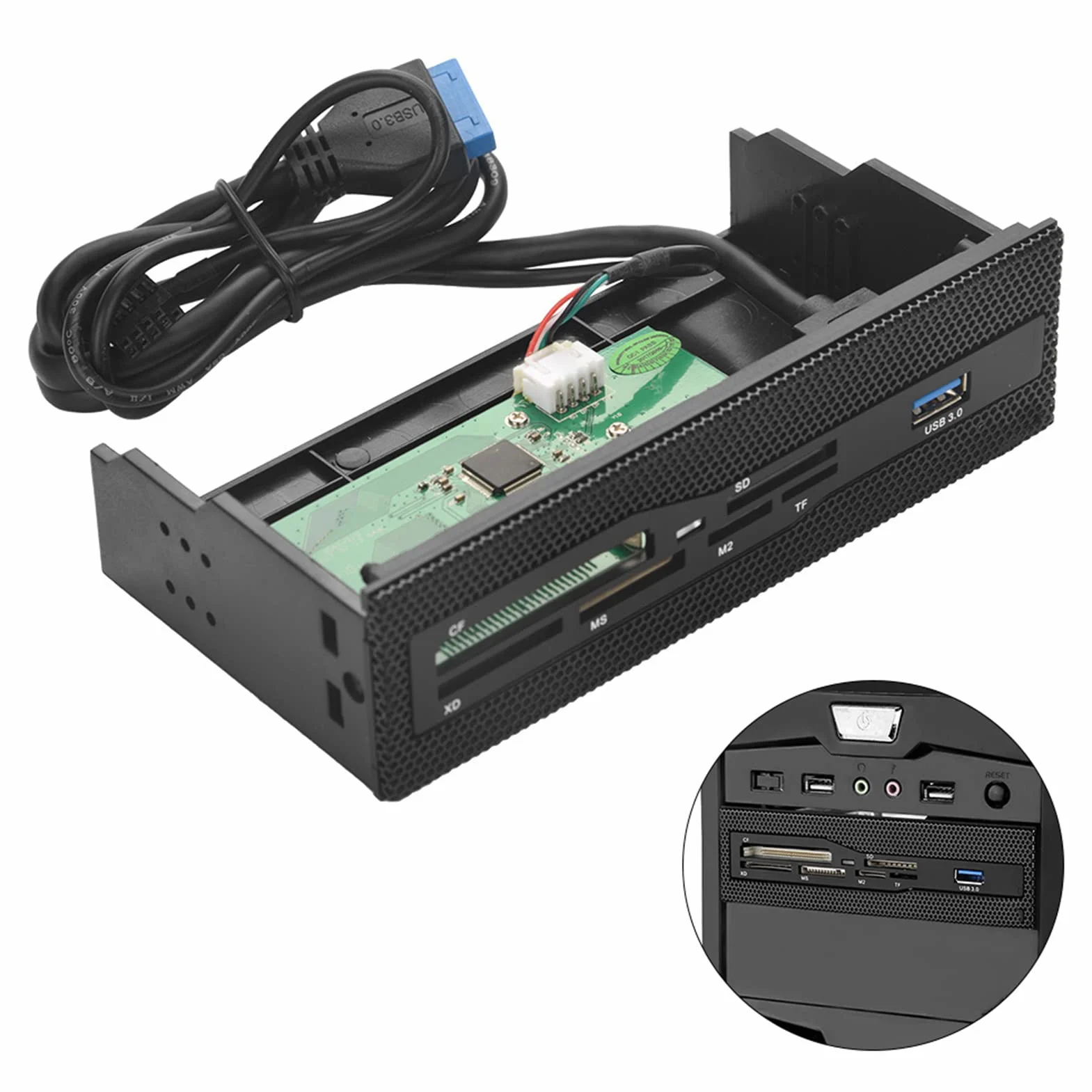 KIMISS Lector de Tarjetas Interno para PC, Panel Frontal con Puerto USB 3.0, Compatible con M2/SD/MS/XD/CF/TF, conexión rápida y versátil