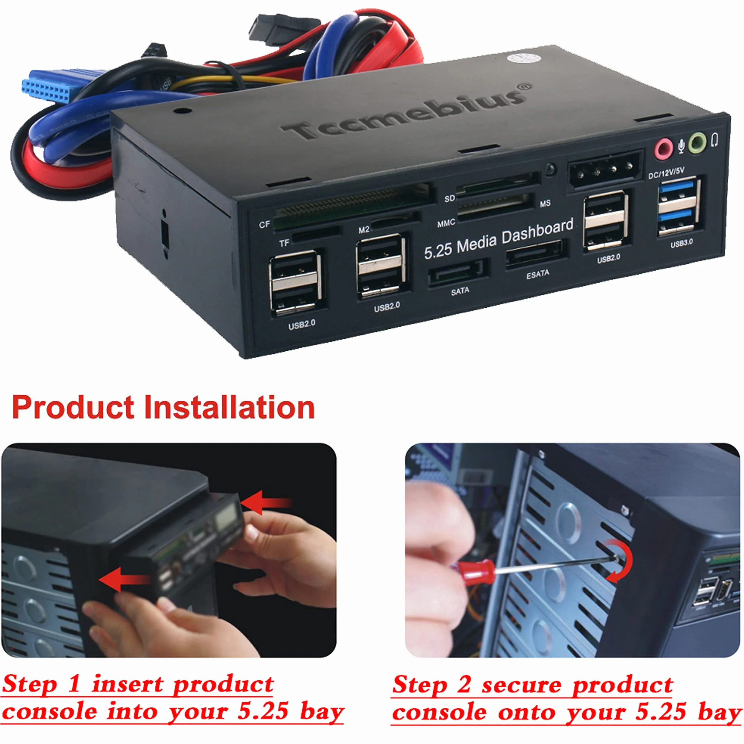 TCC-QL5E 5.25 Pulgadas PC Multifunción Salpicadero Medios de Comunicación Panel Frontal, con SATA e-SATA USB 2.0 3.0 Hub Audio Puertos y 5-en-1 Lector de Tarjetas (SD/MMC/CF/MS/TF/M2)