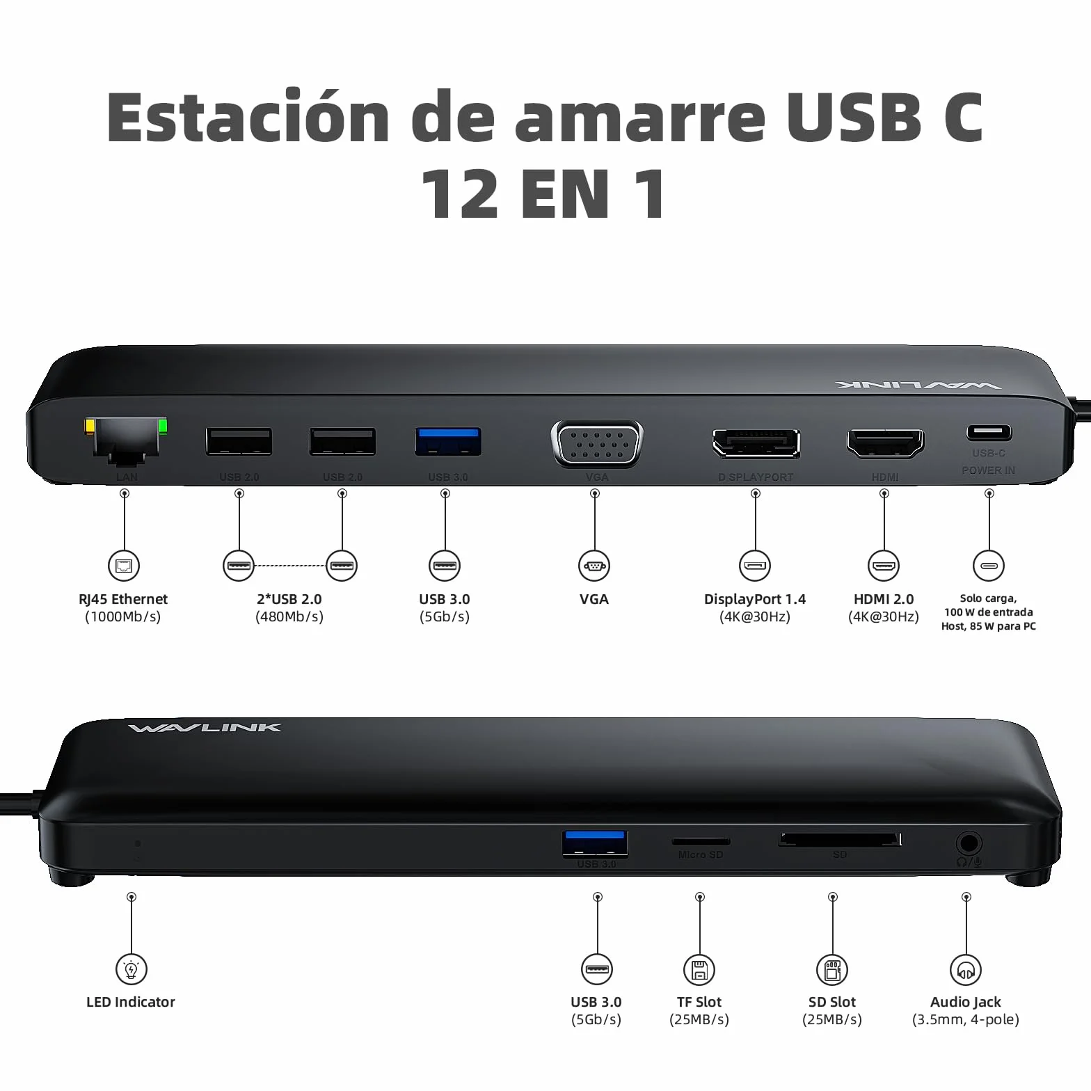 WAVLINK - Estación de Acoplamiento USB-C 3 monitores con HDMI, DP, VGA, 100W PD, USB3.0&2.0, RJ45, Ranuras SD/TF, Audio/micrófono, para Lenovo/HP/DELL, etc