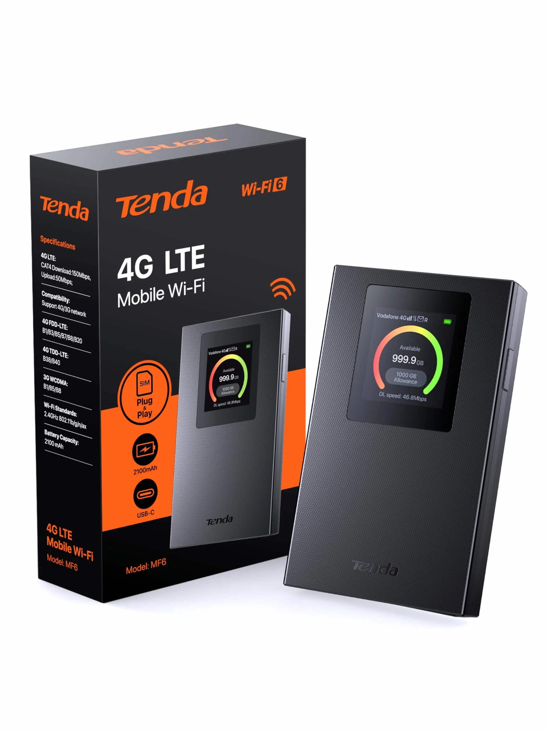 Tenda MF6 Router 4G SIM Móvil Portátil CAT4 WiFi6 AX300 MiFi 2100 mAh USB-C WPA3