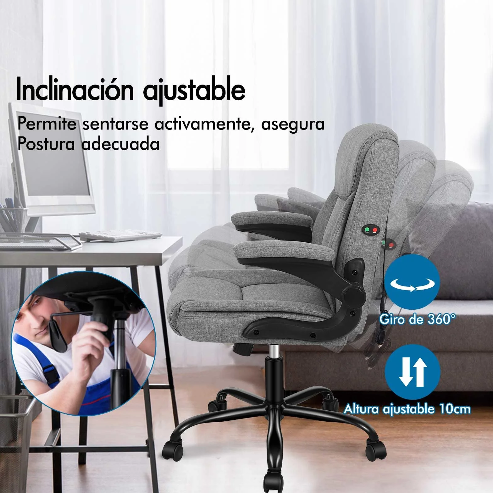 ALFORDSON Silla Oficina Ejecutiva con Masaje, Ergonómica Escritorio Reposabrazos Abatible, Inclinación, Respaldo Medio, Tela de Lino Gris