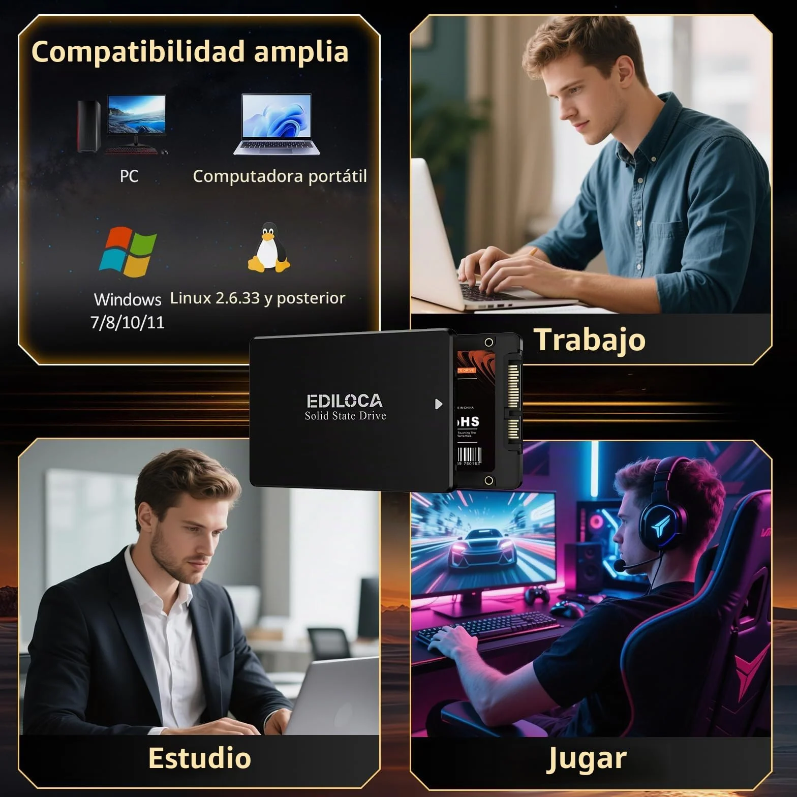 Ediloca ES106 - Disco Duro Interno SSD SATA III de 256 GB 3D TLC NAND Flash de 2.5 Pulgadas, hasta 550 MB/s de Lectura, actualización de Memoria y Almacenamiento de PC o portátil (Negro)