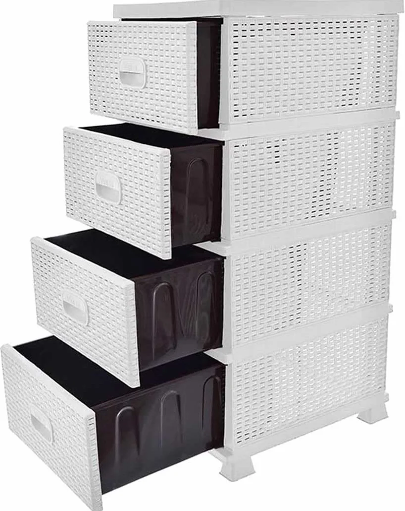 Violet Comoda Cajonera Organizador 4 Cajones Plástico Efecto Mimbre Almacenamiento Blanco