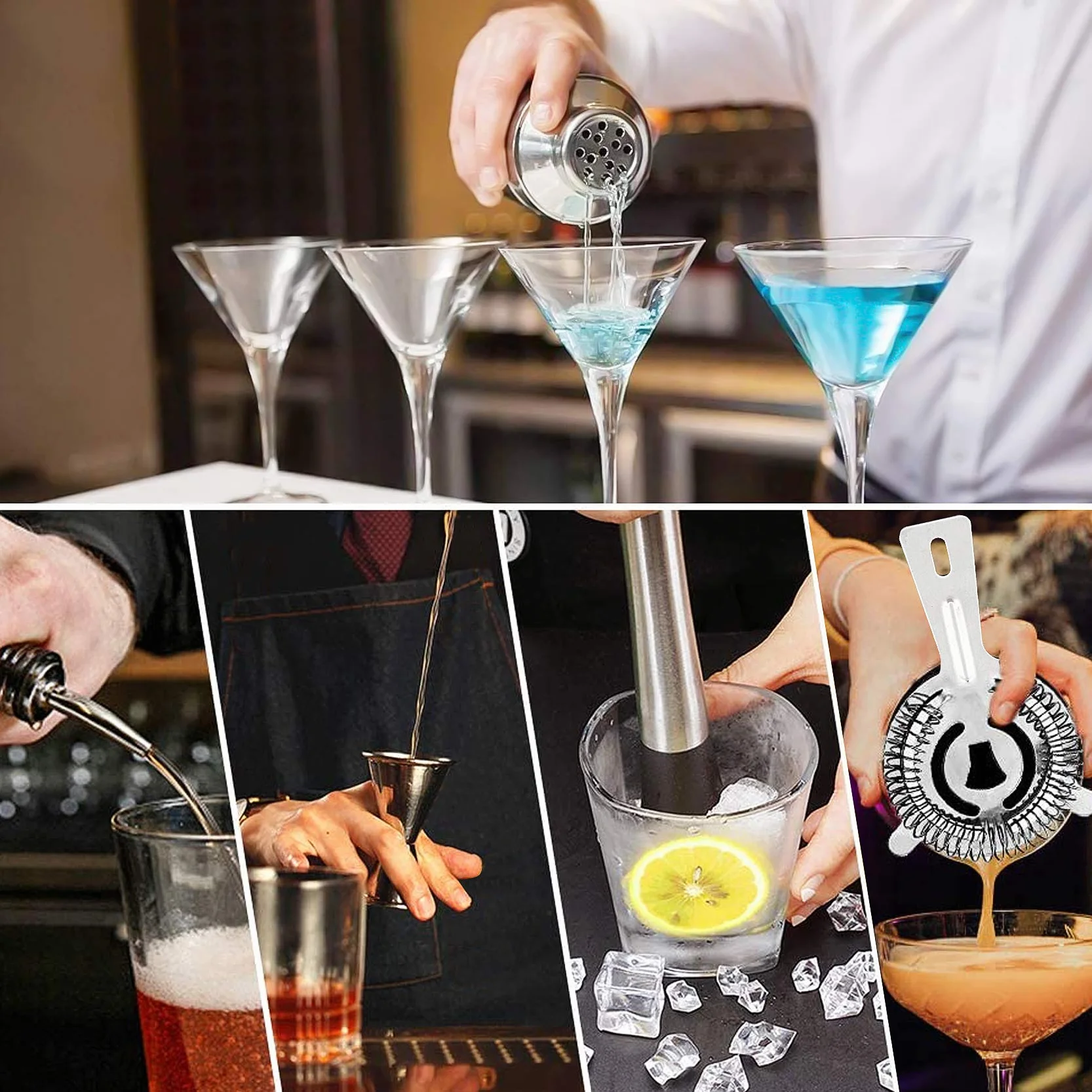 Juego de coctelera de Acero Inoxidable 750 ml 7 Piezas Barman con Doble Jigger